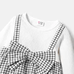 3pcs Baby Girl Solid Cotton Ribbed Long-sleeve Faux-two Gingham Print Bow Front Top and Flared Pants & Headband Set  image 3