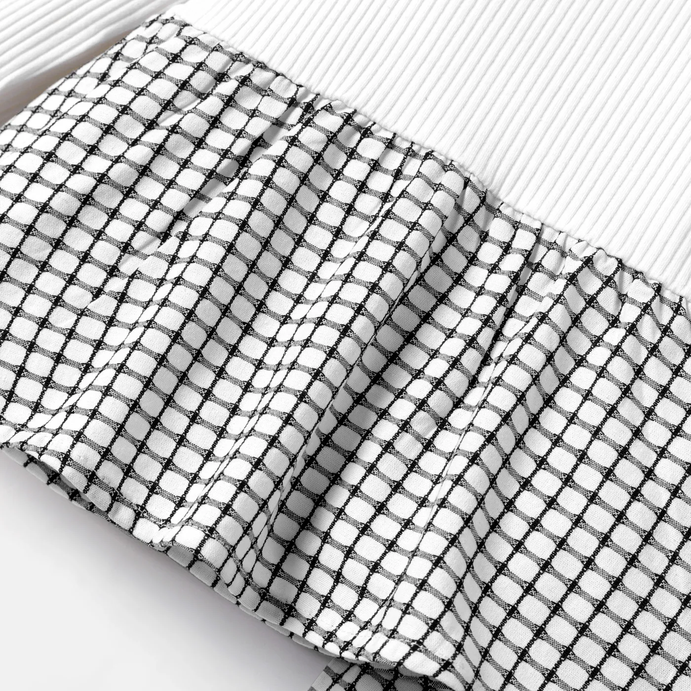 3pcs Baby Girl Solid Cotton Ribbed Long-sleeve Faux-two Gingham Print Bow Front Top and Flared Pants & Headband Set White image 5