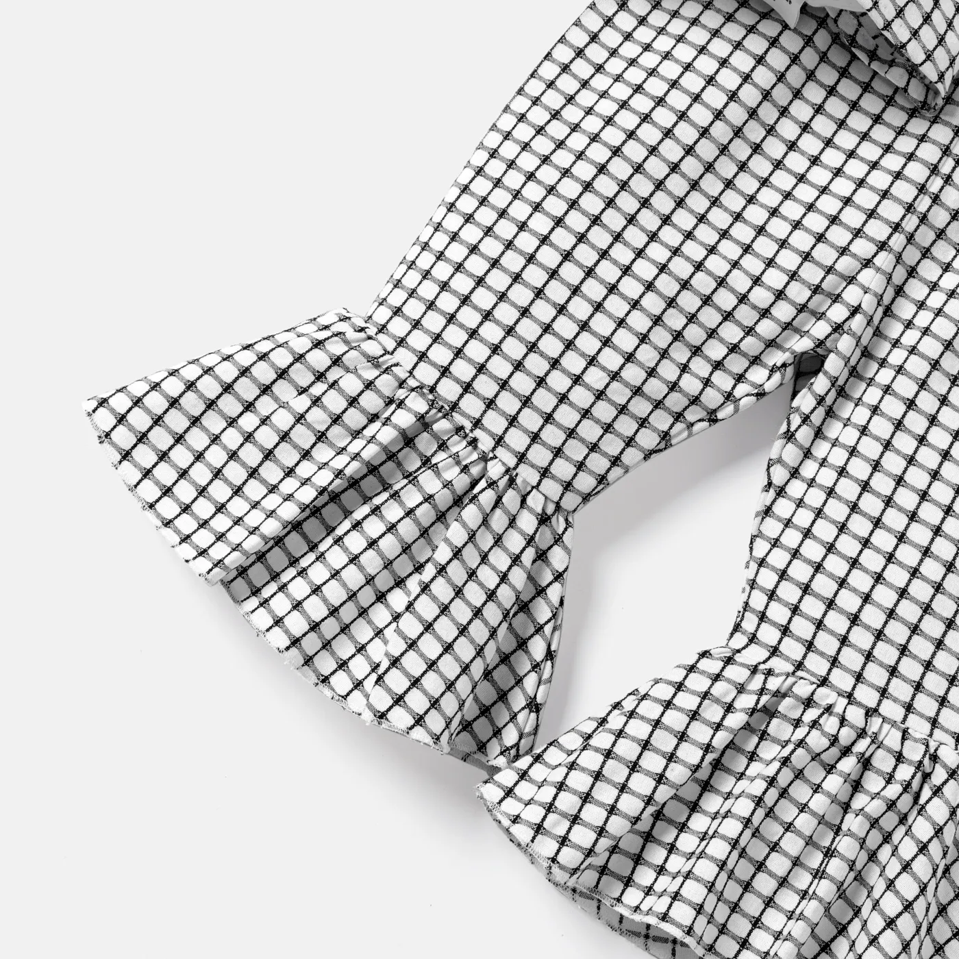 3pcs Baby Girl Solid Cotton Ribbed Long-sleeve Faux-two Gingham Print Bow Front Top and Flared Pants & Headband Set White image 4