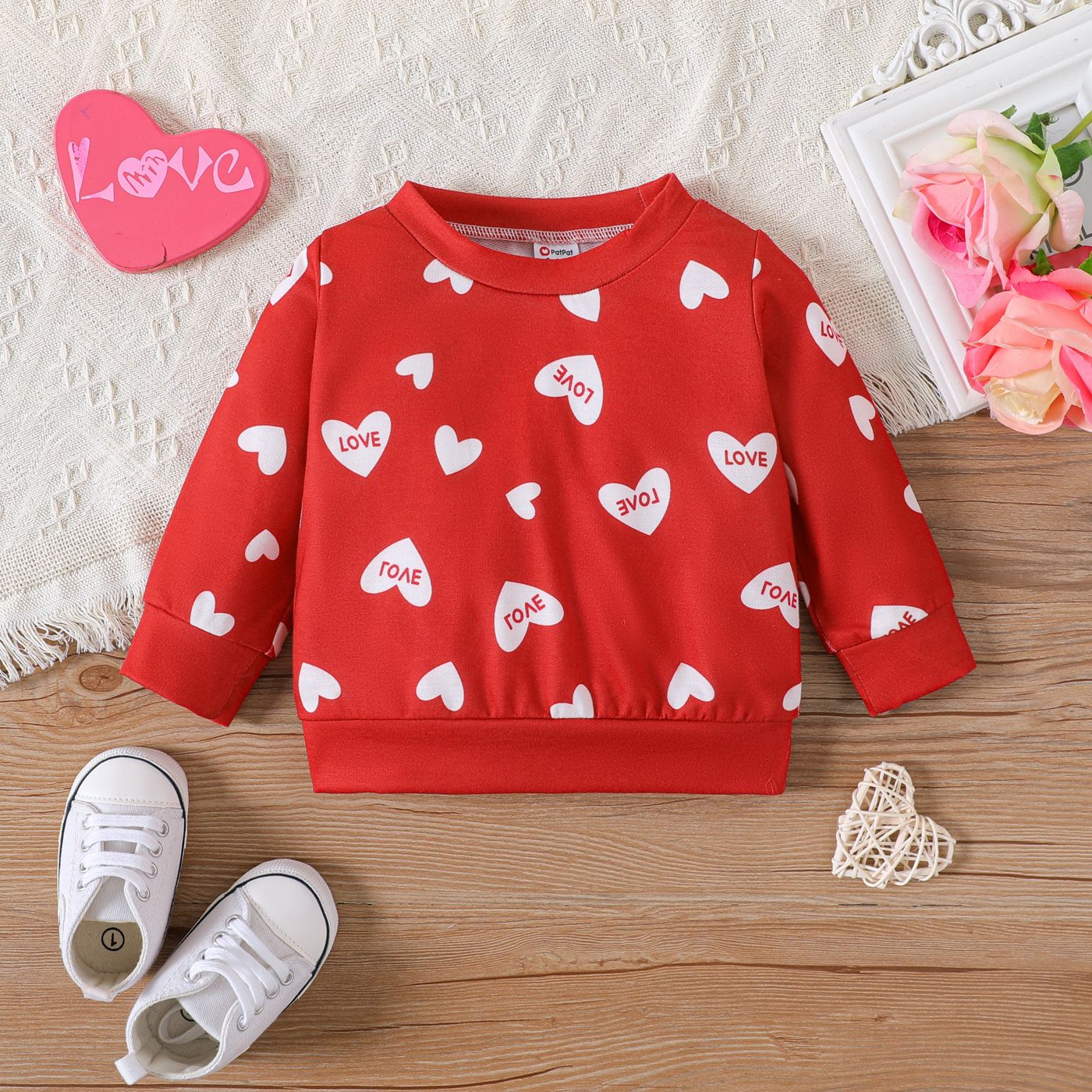 

Valentine's Day Baby Girl Allover Heart & Letter Print Long-sleeve Sweatshirt