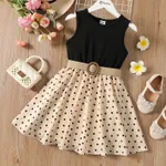 

2pcs Kid Girl Polka dots Ribbed Splice Sleeveless Dress & Belt