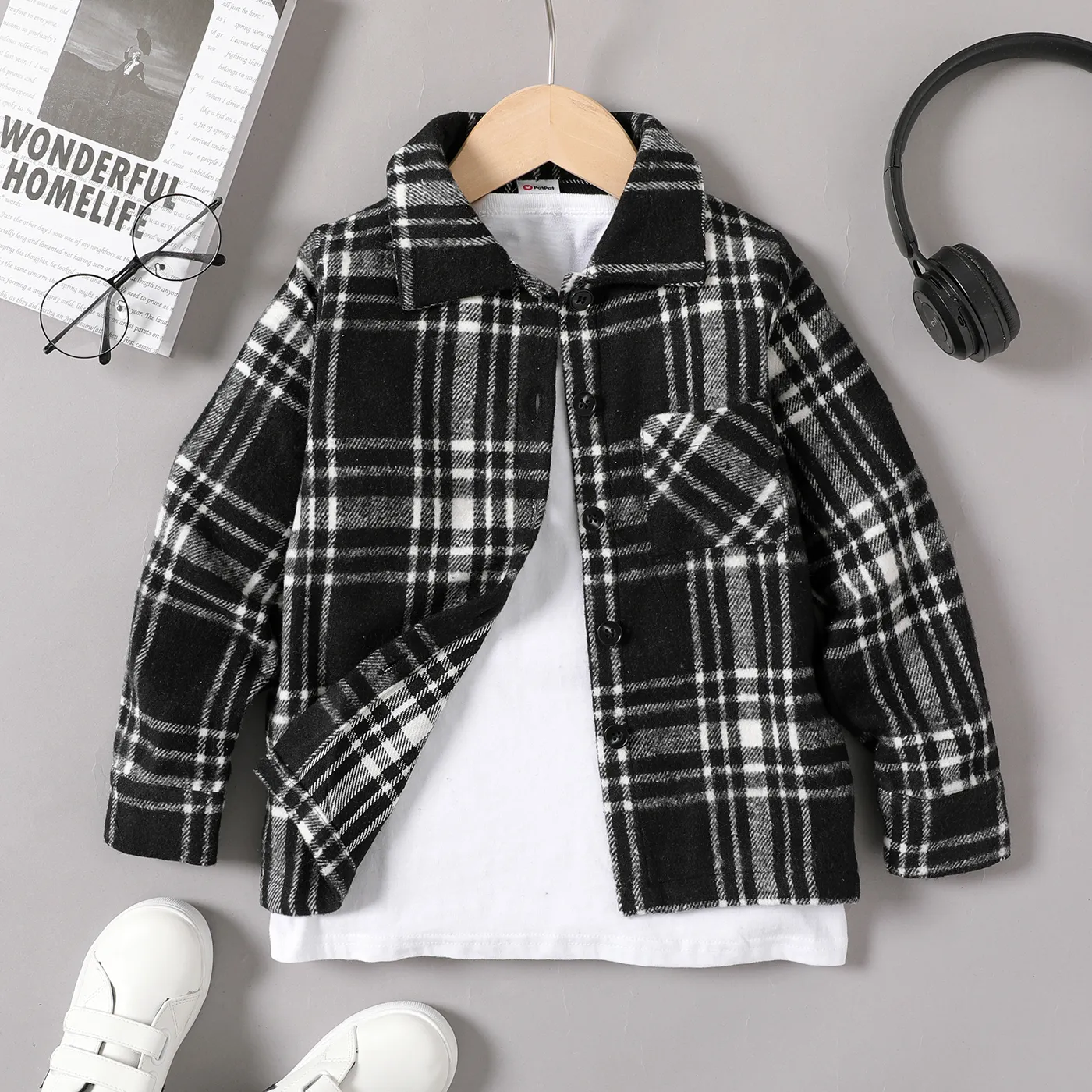 

Kid Boy Lapel Collar Plaid Long-sleeve Shirt