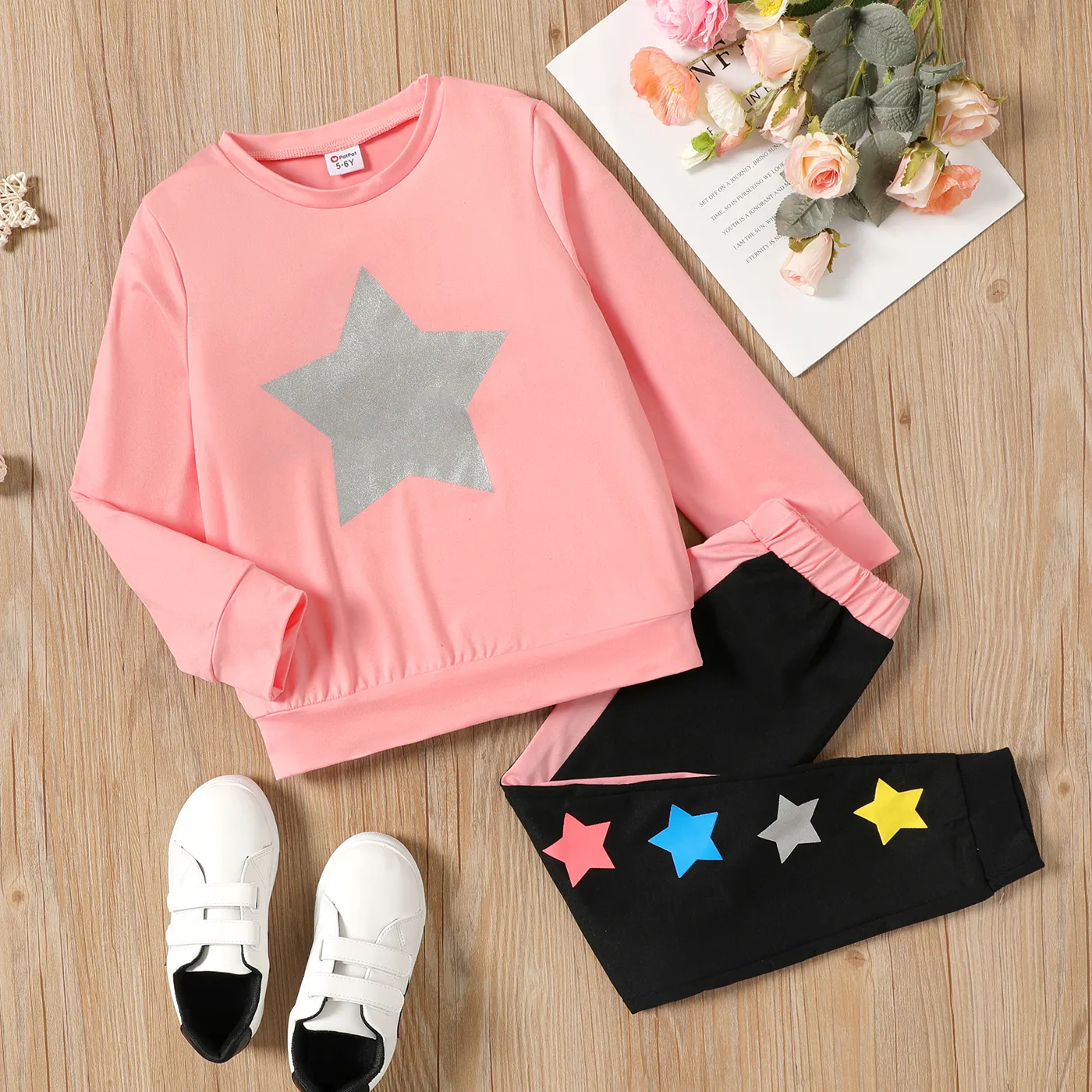 2pcs Kid Girl Stars Print Pink Sweatshirt and Elasticized Pants Set