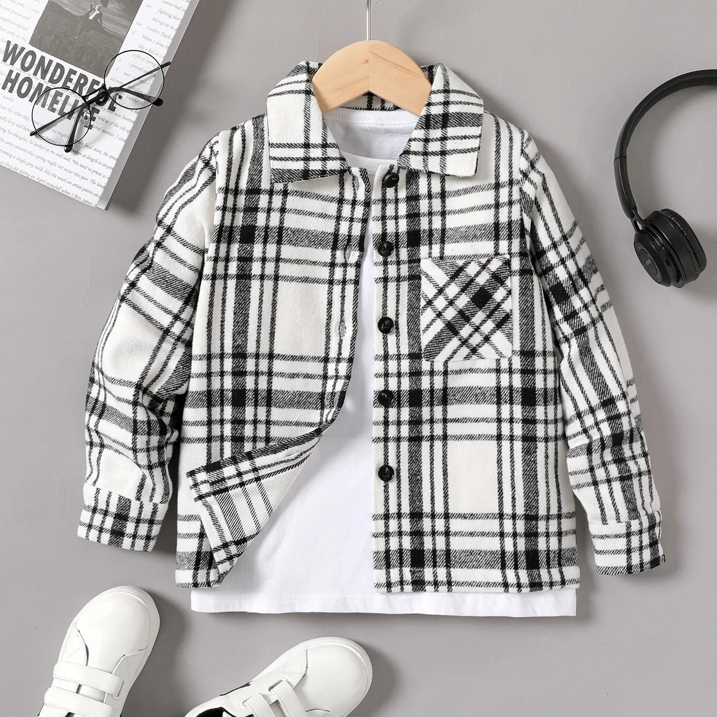 Kid Boy Lapel Collar Plaid Long-sleeve Shirt White