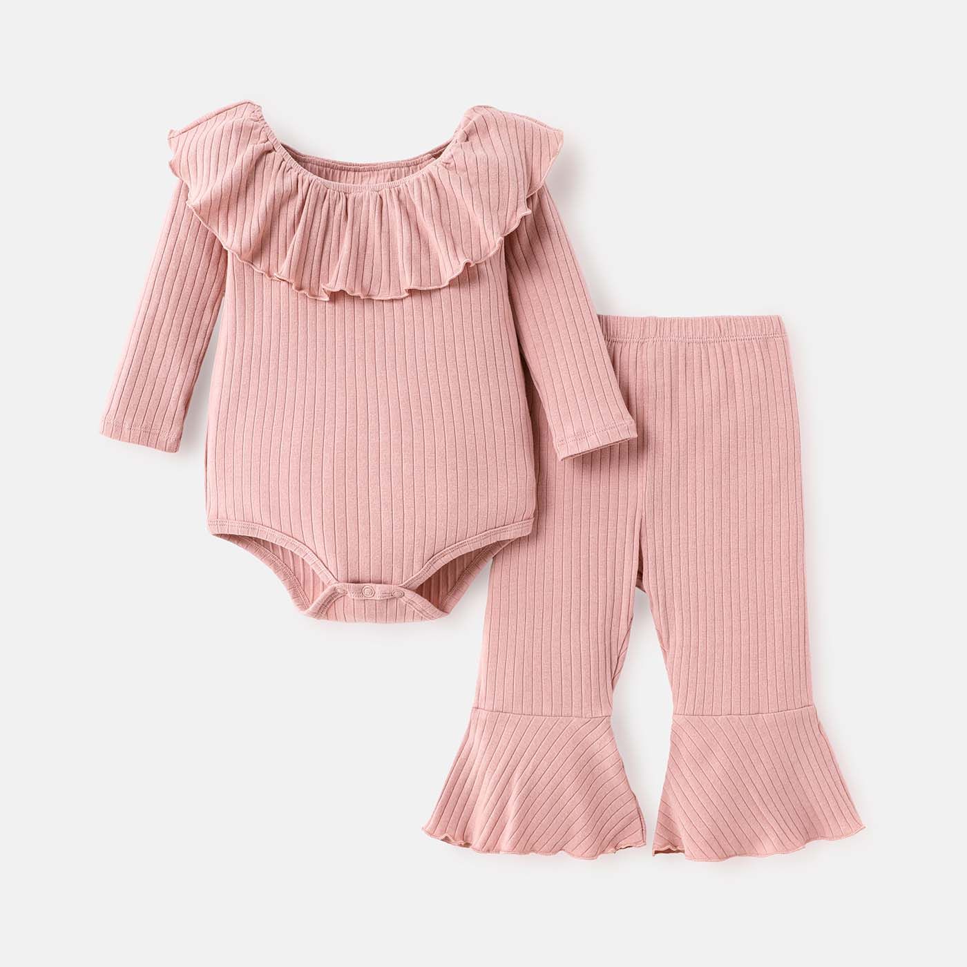 

2pcs Baby Girl Solid Cotton Ribbed Off Shoulder Ruffle Collar Long-sleeve Romper and Flared Pants Set