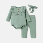 3pcs Baby Girl Solid Cotton Ribbed Ruffle Trim Bow Front Long-sleeve Romper and Pants with Headband Set lightgreen