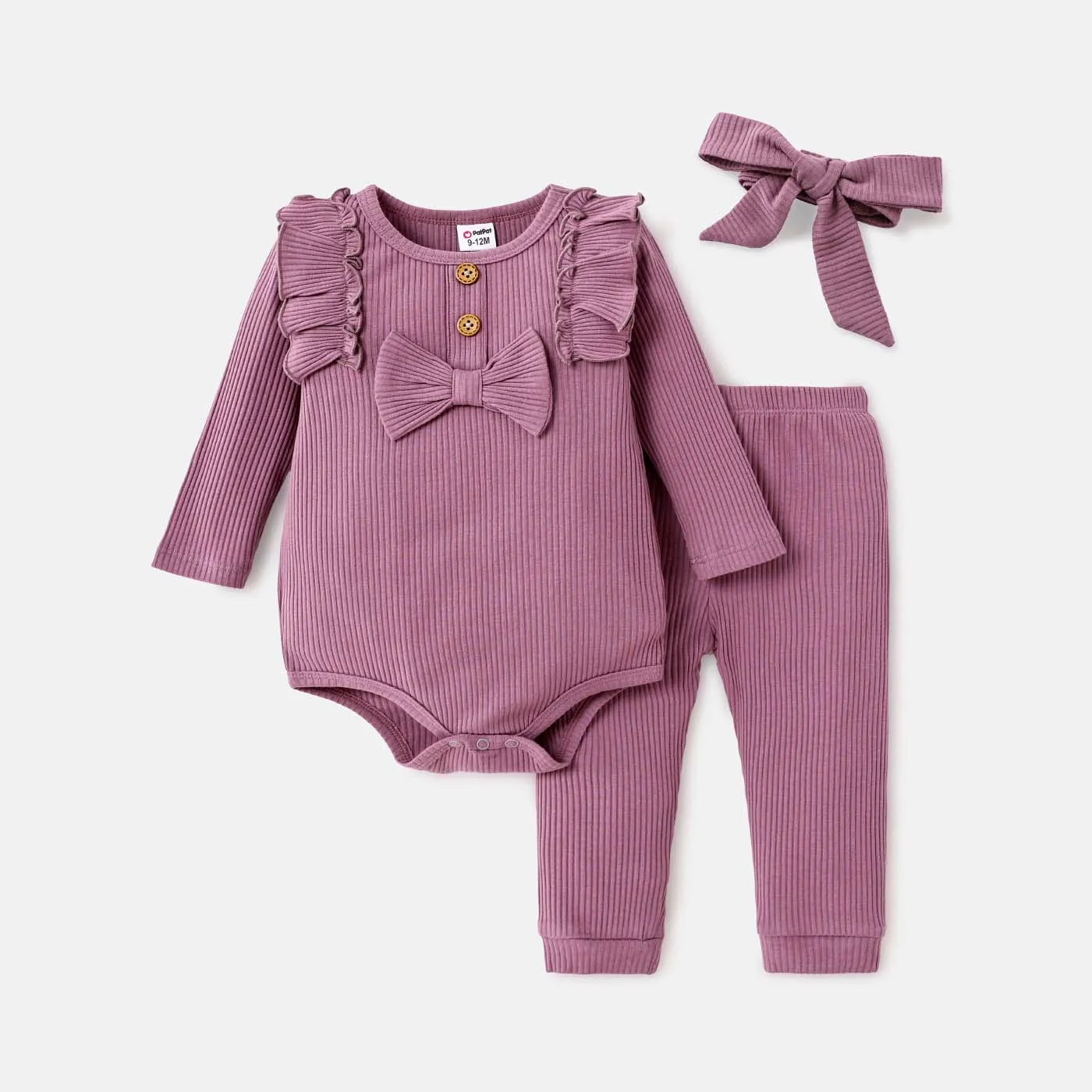3pcs Baby Girl Solid Cotton Ribbed Ruffle Trim Bow Front Long-sleeve Romper and Pants with Headband Set Purple