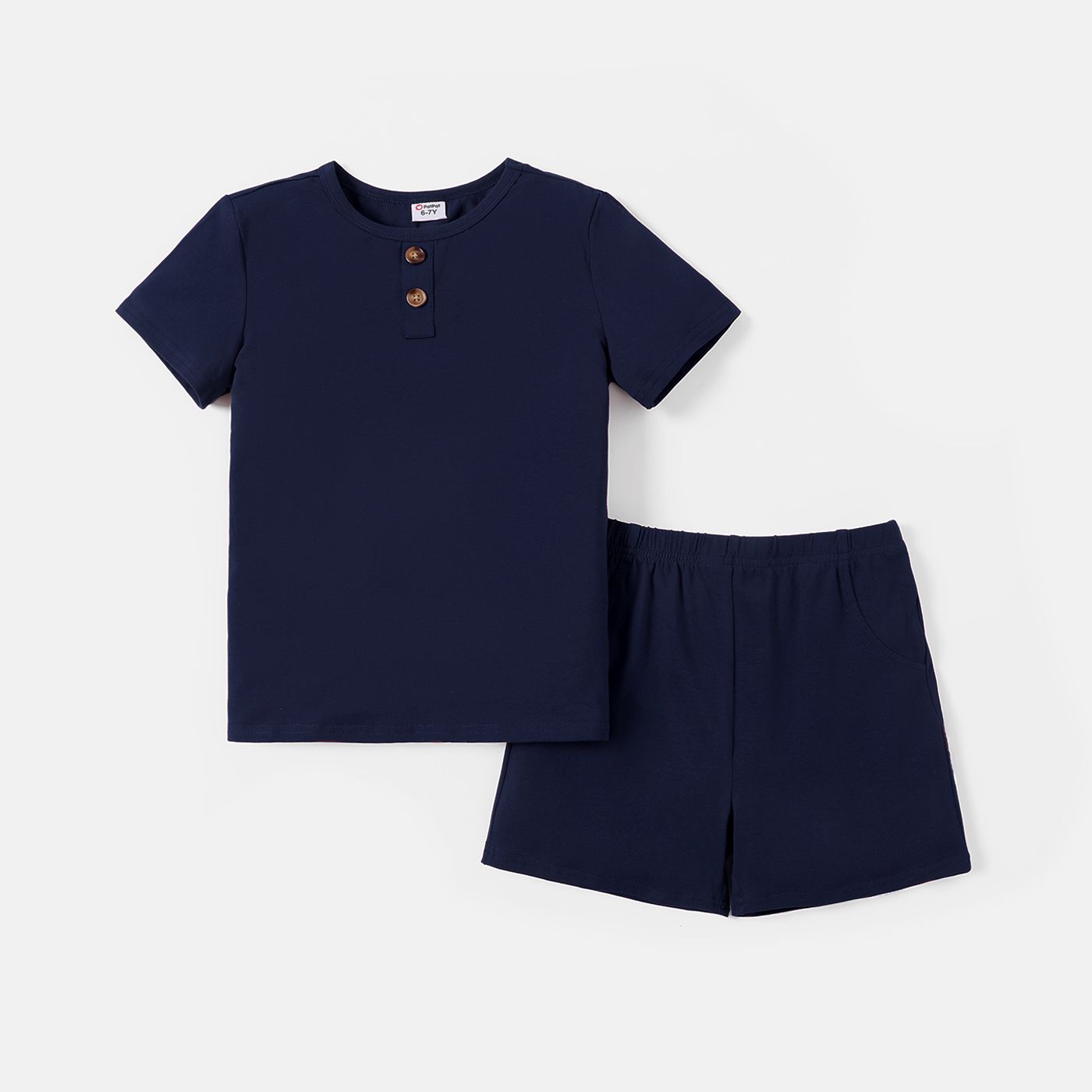 

2pcs Kid Boy Button Design Solid Color Short-sleeve Cotton Tee and Shorts Set