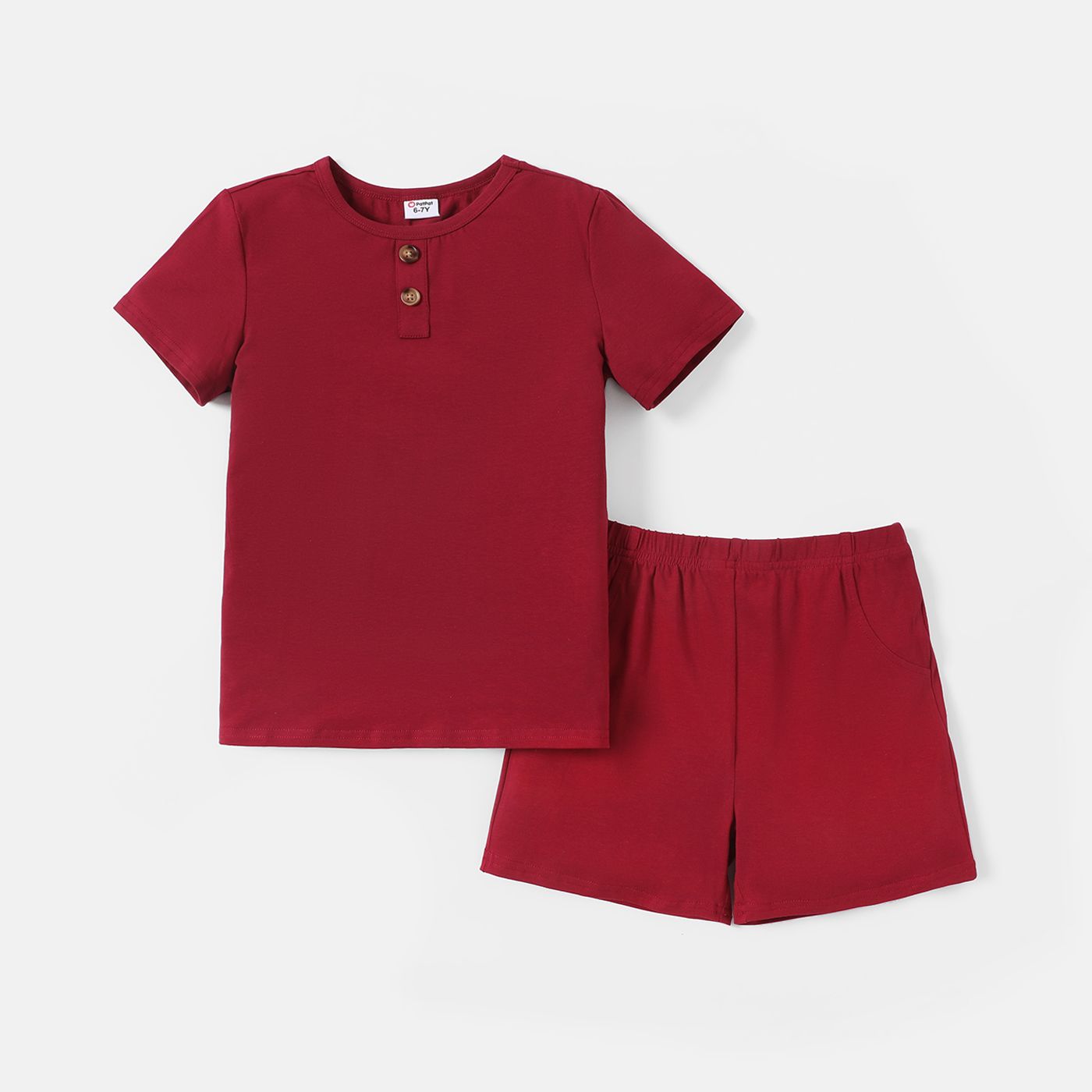 

2pcs Kid Boy Button Design Solid Color Short-sleeve Cotton Tee and Shorts Set