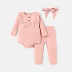 3pcs Baby Girl Solid Cotton Ribbed Ruffle Trim Bow Front Long-sleeve Romper and Pants with Headband Set darkpink