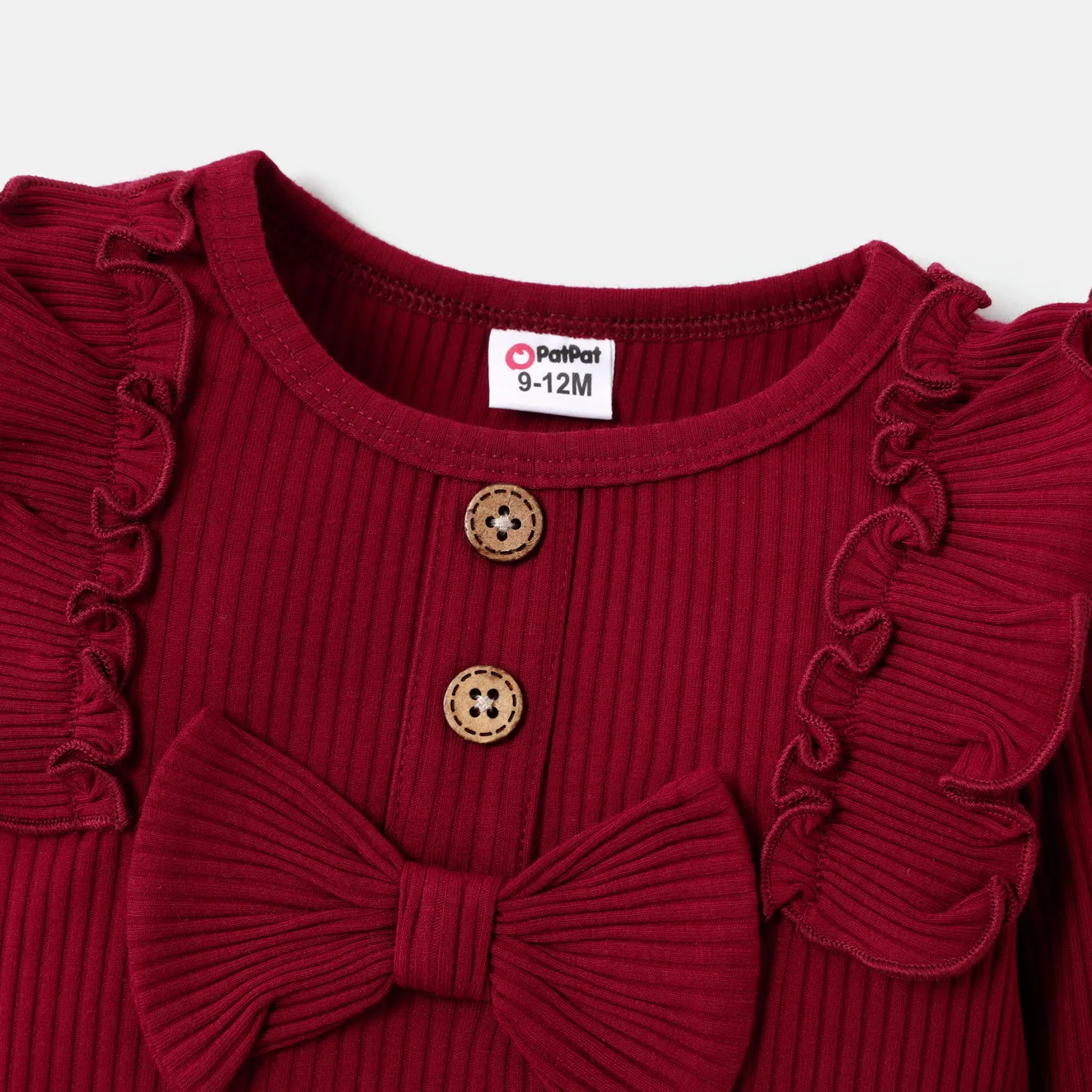 3pcs Baby Girl Solid Cotton Ribbed Ruffle Trim Bow Front Long-sleeve Romper and Pants with Headband Set WineRed image 3