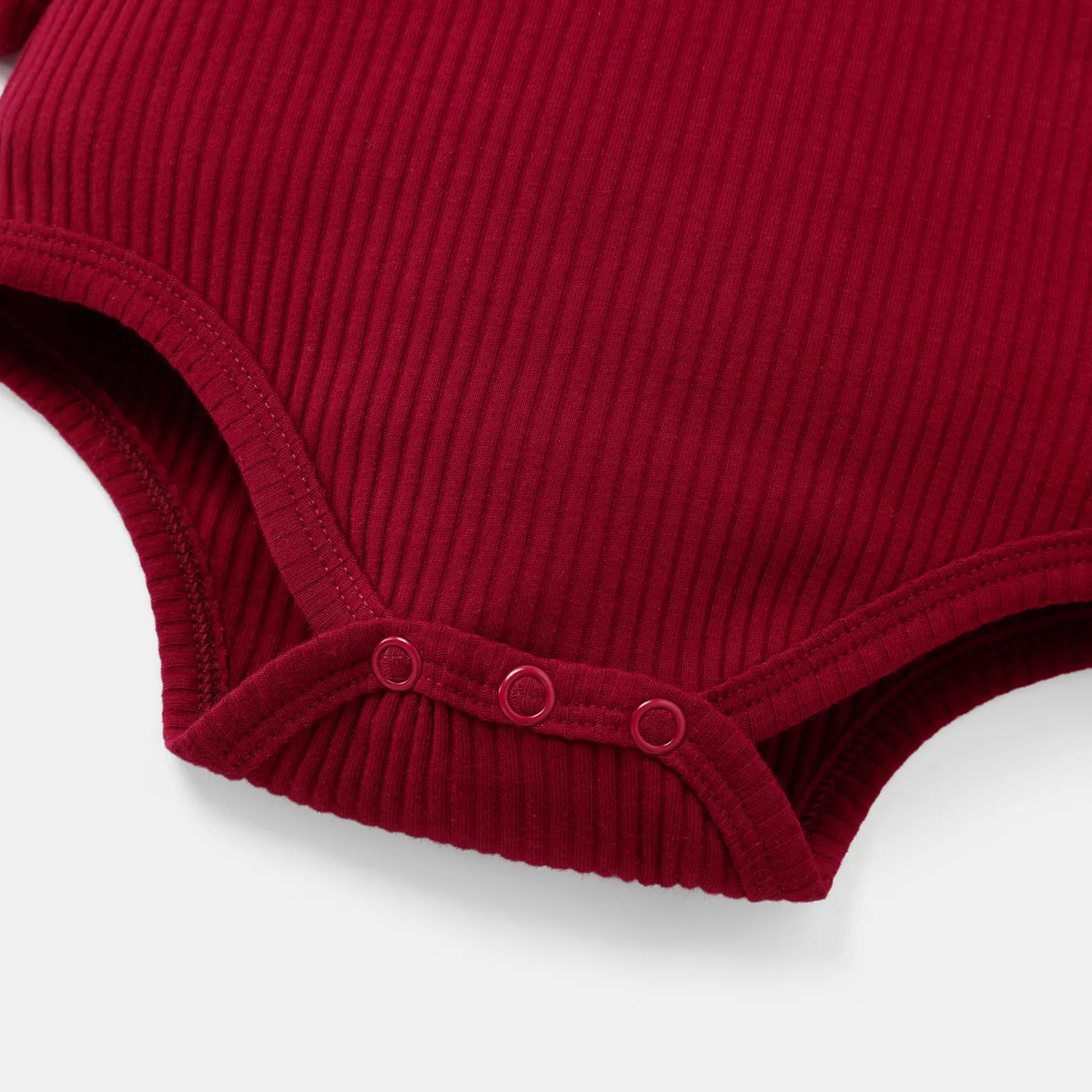 3pcs Baby Girl Solid Cotton Ribbed Ruffle Trim Bow Front Long-sleeve Romper and Pants with Headband Set WineRed image 4