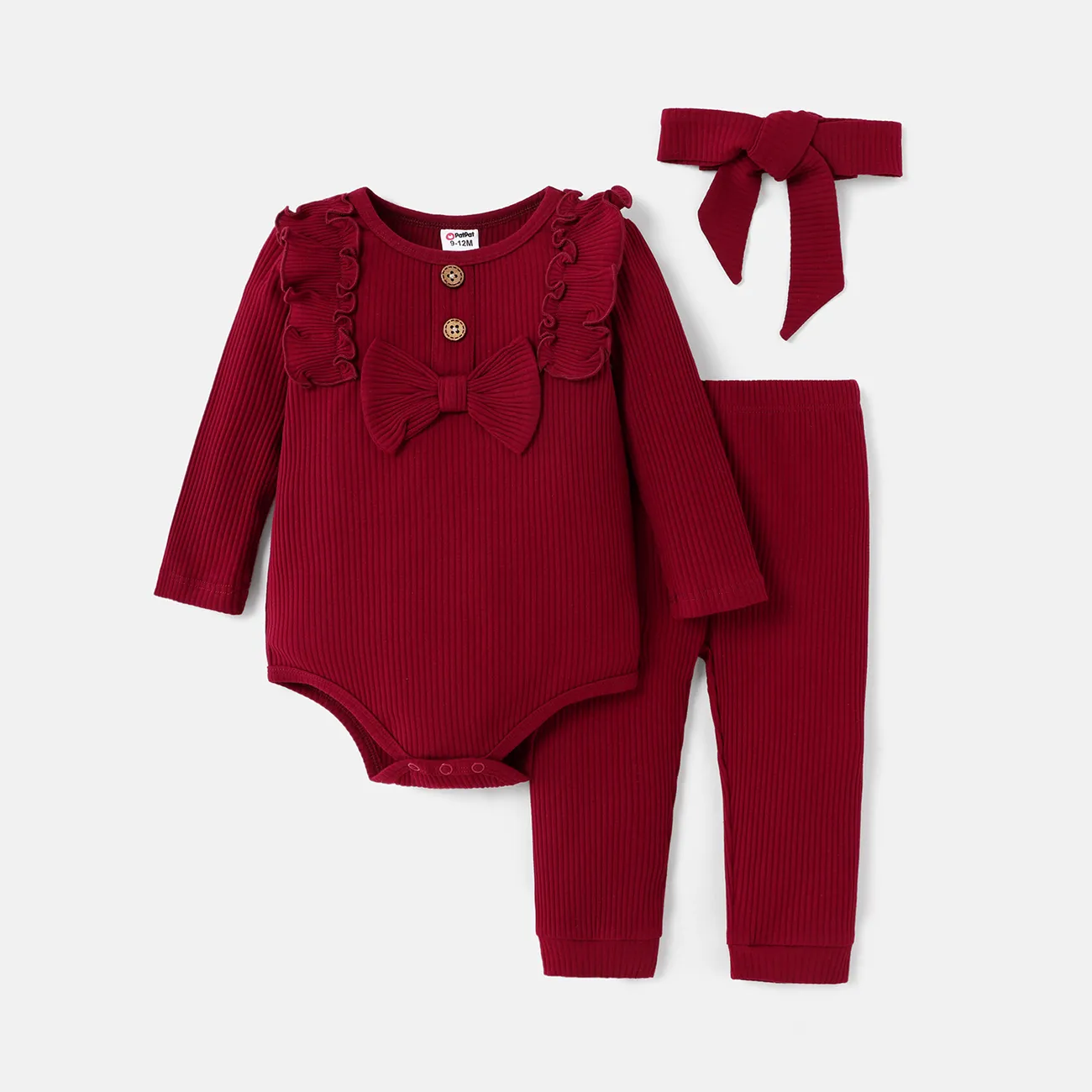 3pcs Baby Girl Solid Cotton Ribbed Ruffle Trim Bow Front Long-sleeve Romper and Pants with Headband Set WineRed big image 1