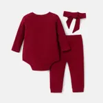 3pcs Baby Girl Solid Cotton Ribbed Ruffle Trim Bow Front Long-sleeve Romper and Pants with Headband Set WineRed image 2
