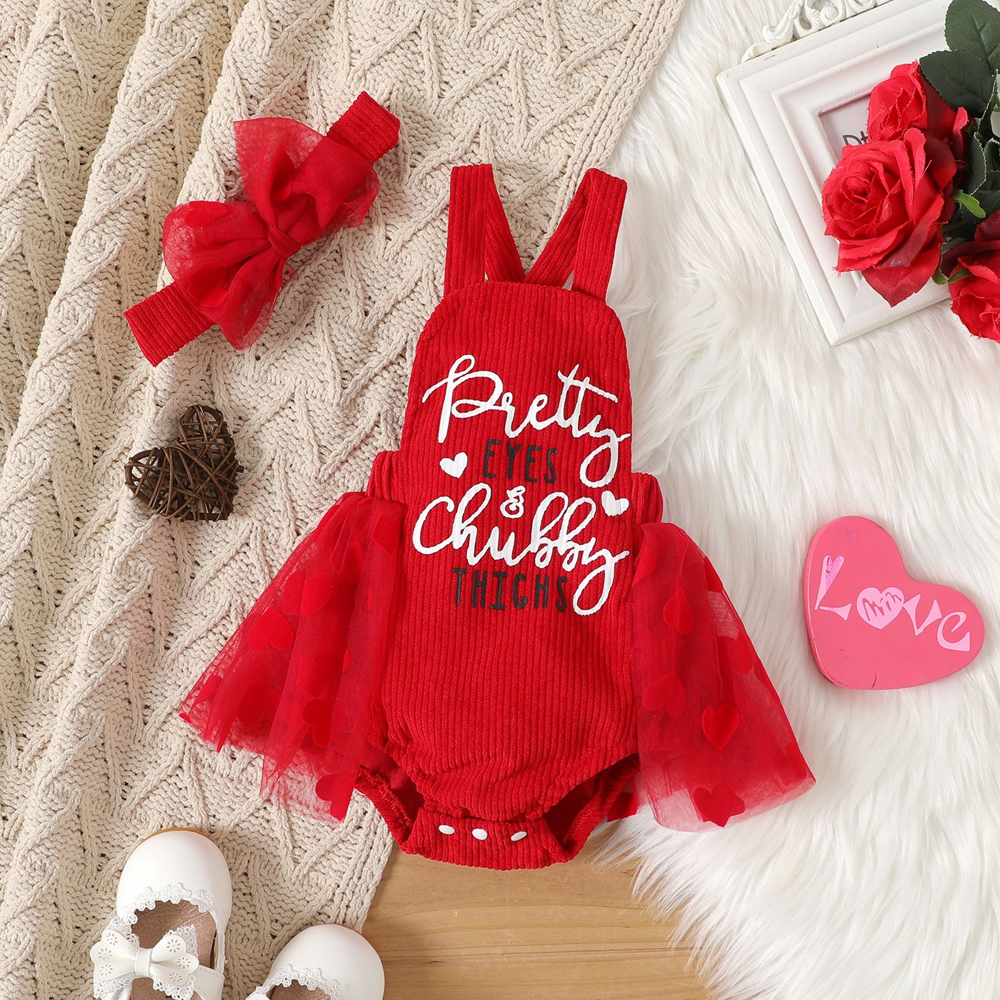 

Valentine's Day 2pcs Baby Girl Letter Print Red Corduroy & Mesh Spliced Romper & Headband Set