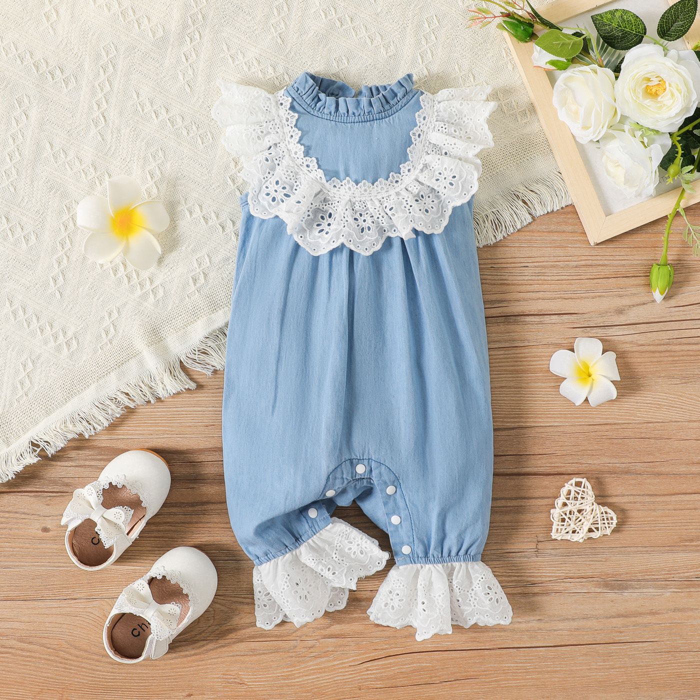 

Baby Girl 100% Cotton Lace Ruffle Trim Imitation Denim Tank Jumpsuit