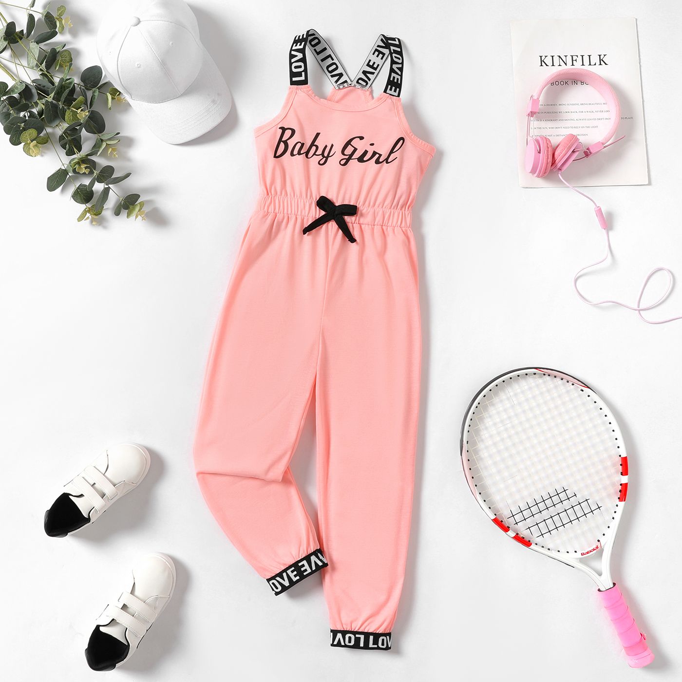 

Kid Girl Letter Print Bowknot Design Sleeveless Jumpsuits