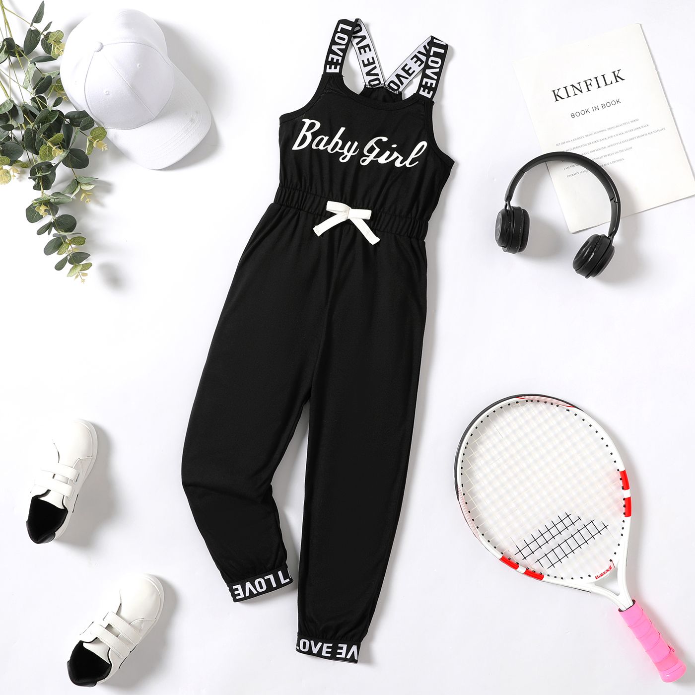 

Kid Girl Letter Print Bowknot Design Sleeveless Jumpsuits