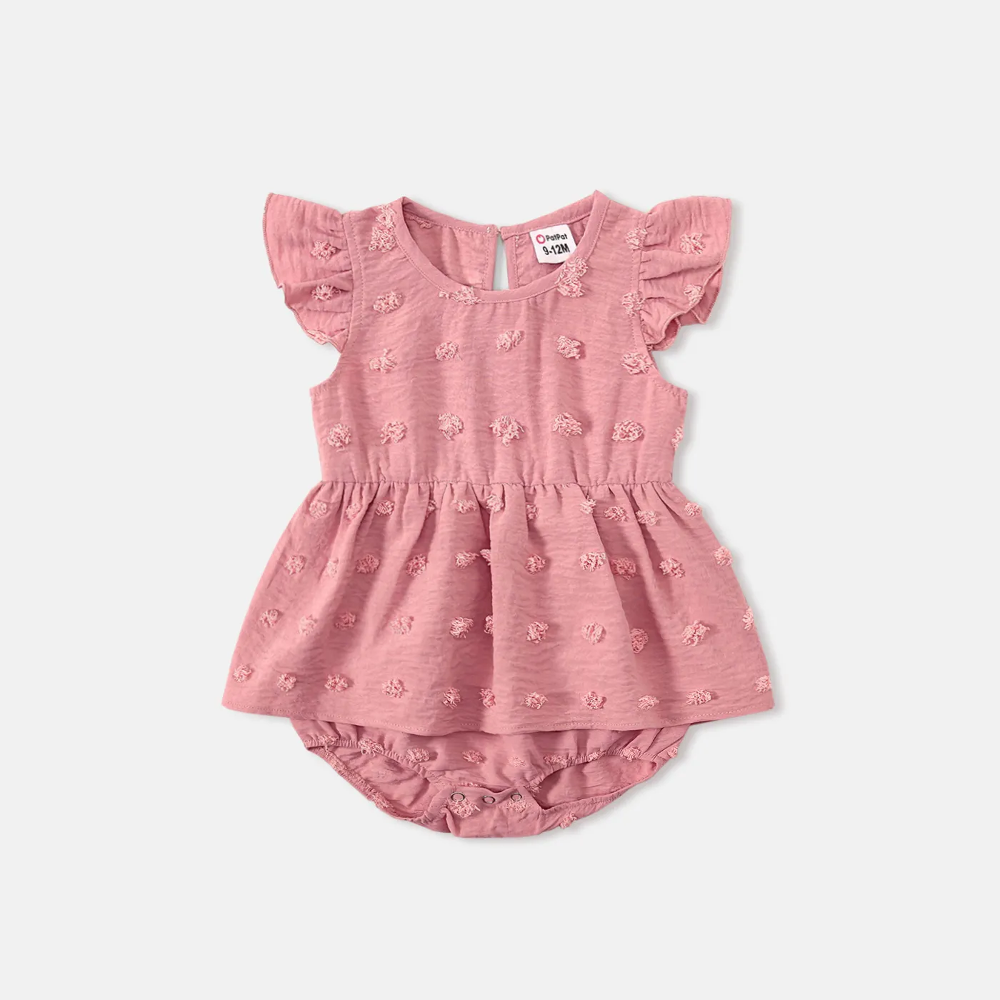 Family Matching Cotton Short-sleeve T-shirts and Pink Swiss Dot Lace Detail Flutter-sleeve Dresses S