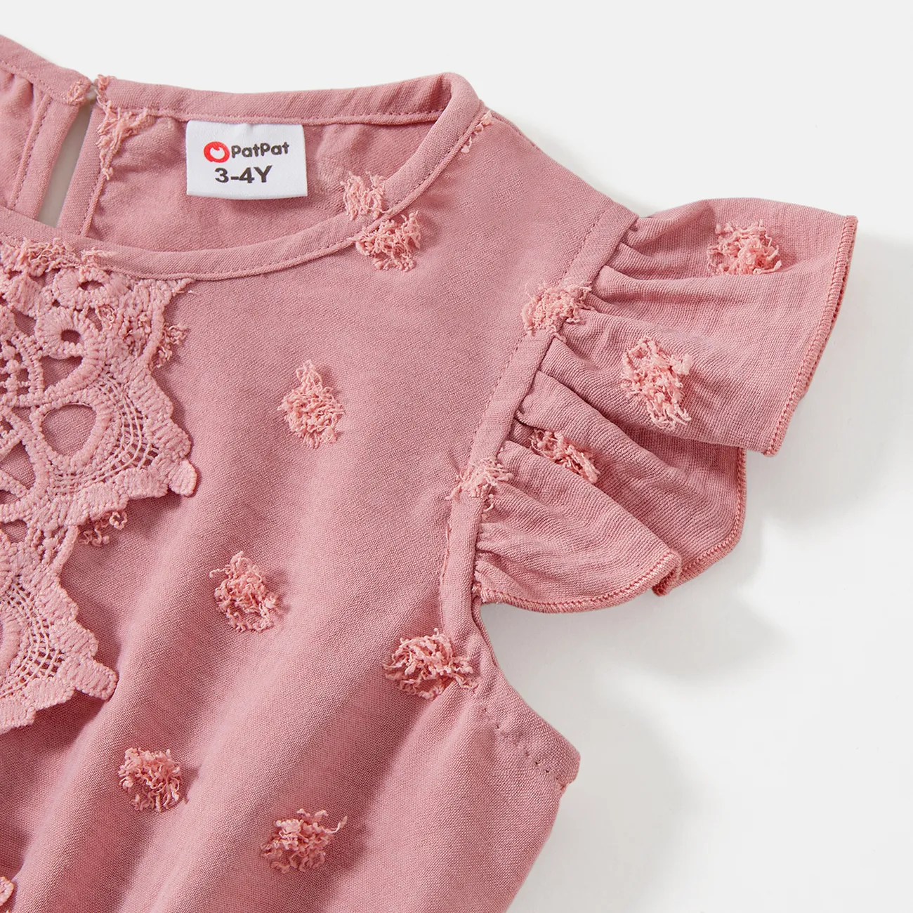 Family Matching Cotton Short-sleeve T-shirts and Pink Swiss Dot Lace Detail Flutter-sleeve Dresses Sets Pink big image 1