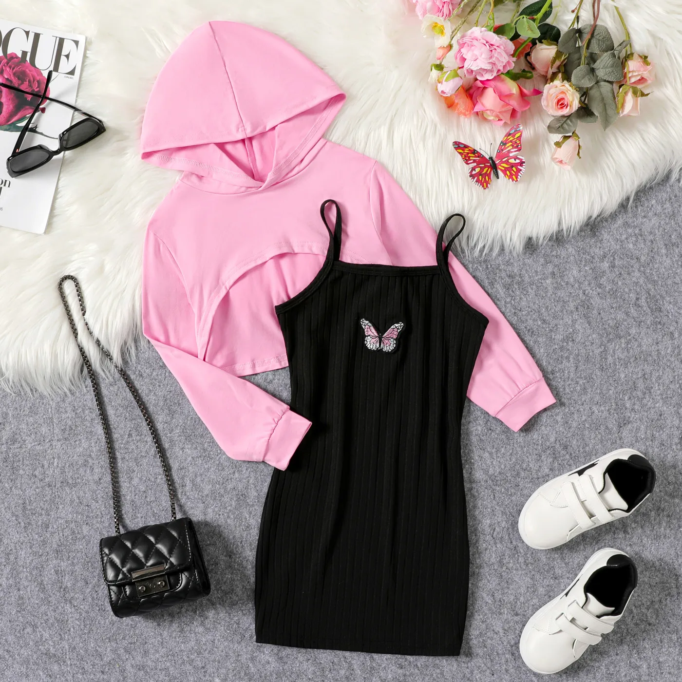 

2pcs Kid Girl Butterfly Embroidered Slip Dress and Super Crop Hoodie Set