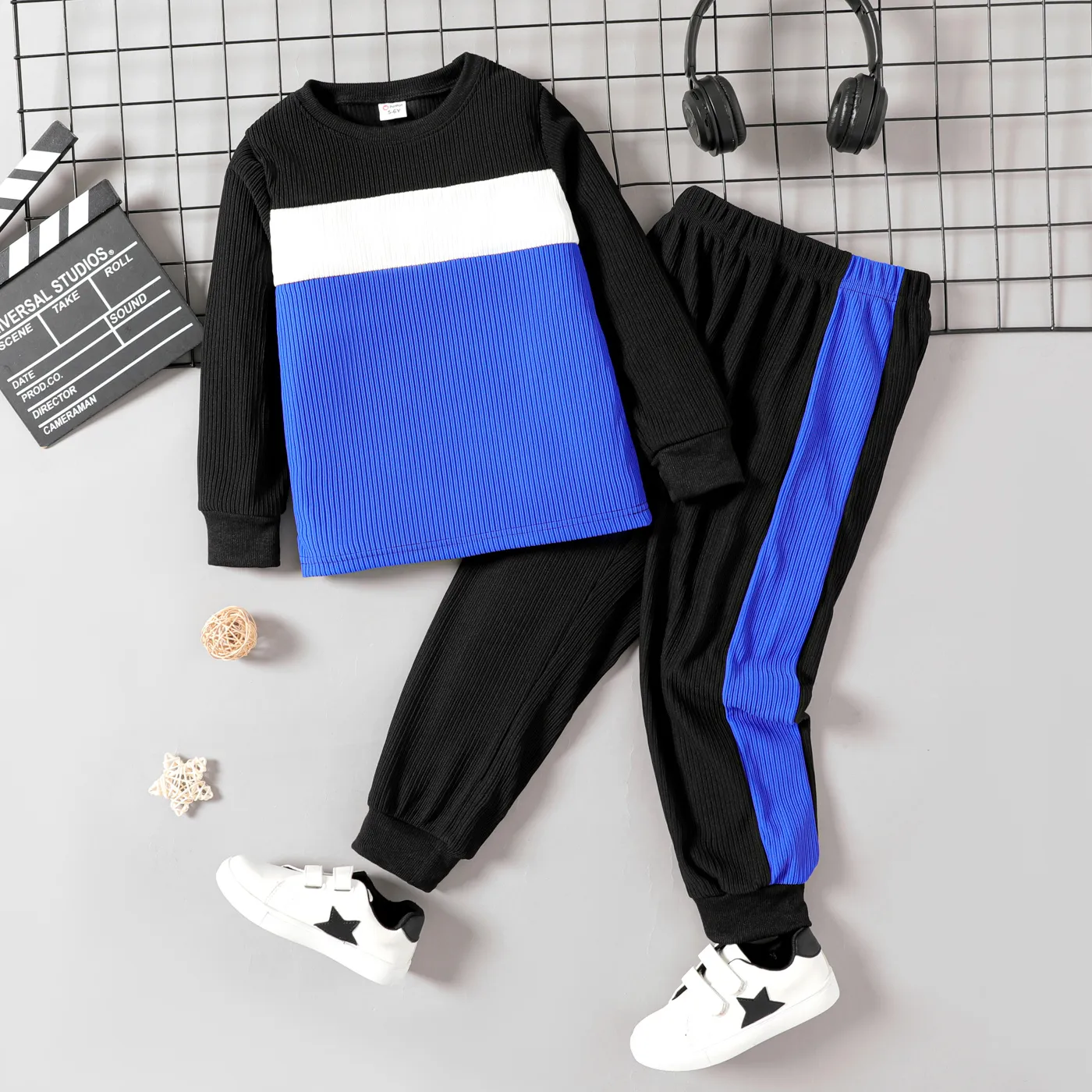 2pcs Kid Boy Colorblock Ribbed Sweatshirt And Elasticized Pants Set