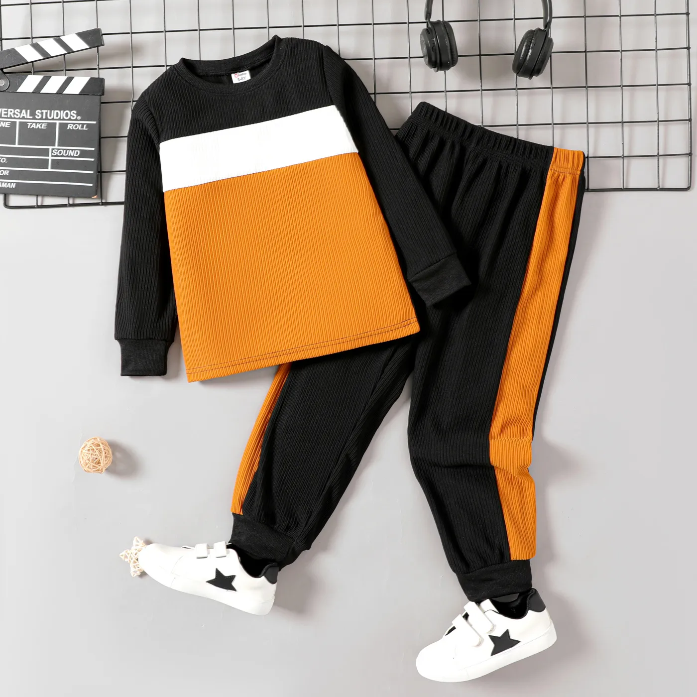 2pcs Kid Boy Colorblock Ribbed Sweatshirt and Elasticized Pants Set  big image 1