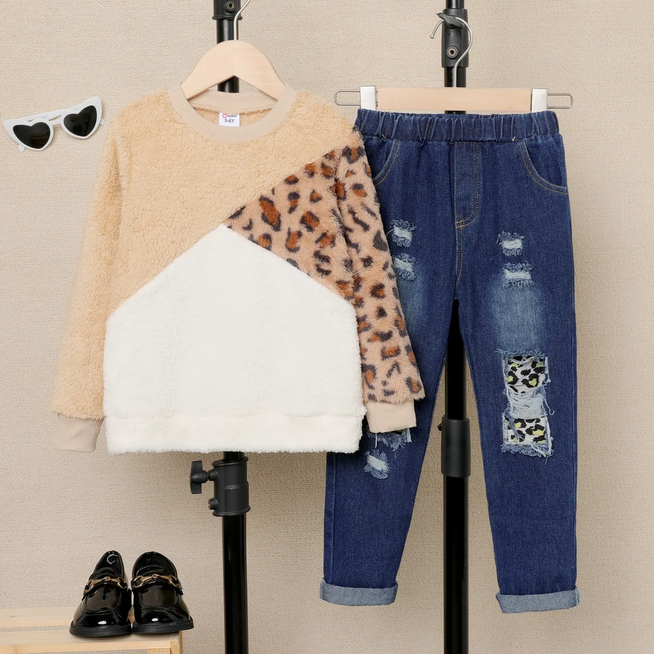 2-piece Kid Girl Leopard Print Colorblock Fuzzy Pullover Sweatshirt and Fleece Lined Pants Casual Set Khaki big image 1