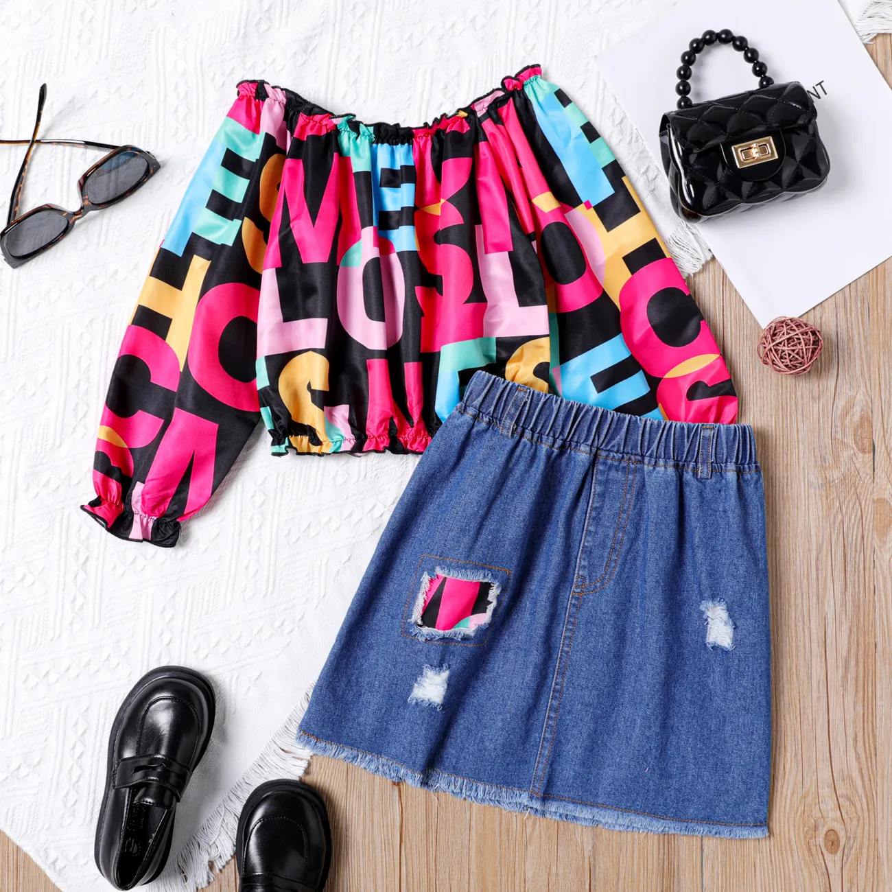 2pcs Kid Girl Letter Print Off Shoulder Long-sleeve Tee and Ripped Denim Skirt Set big image 1