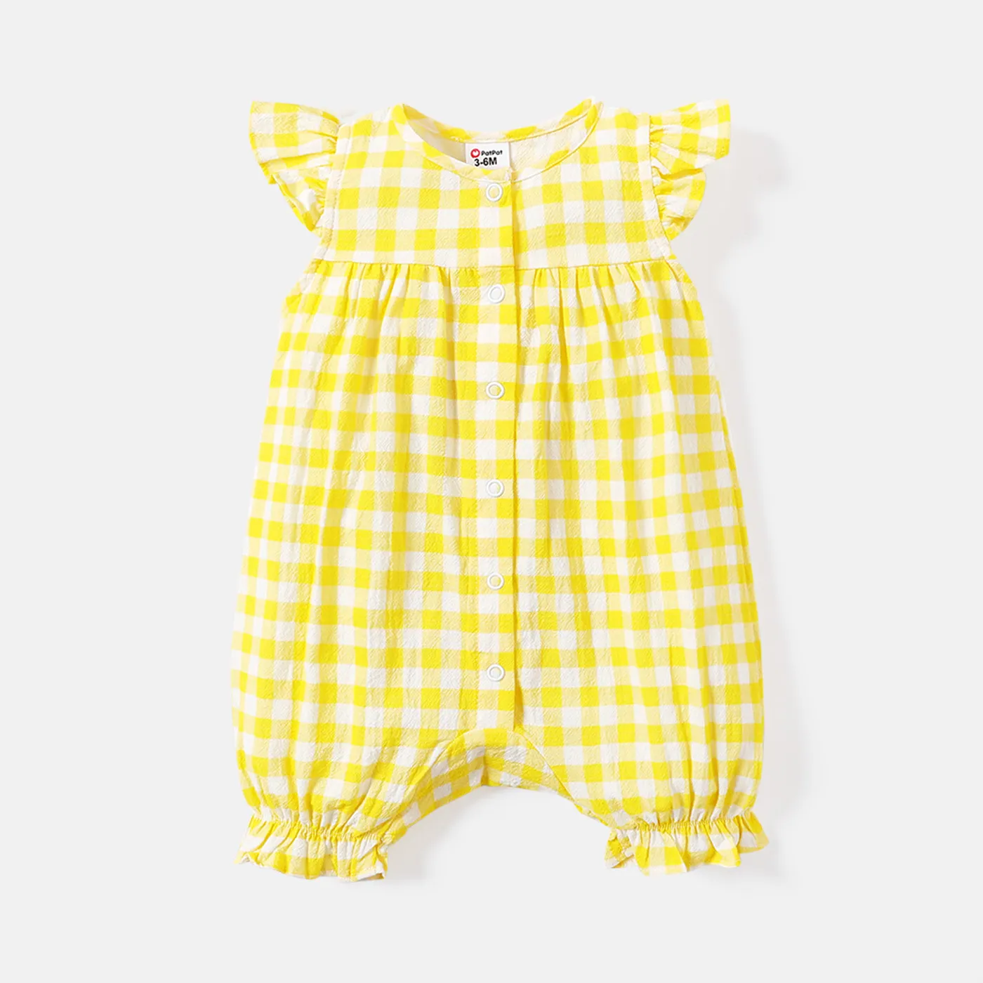 Baby Girl 100% Cotton Gingham or Allover Lemon Print Flutter-sleeve Romper PLAID