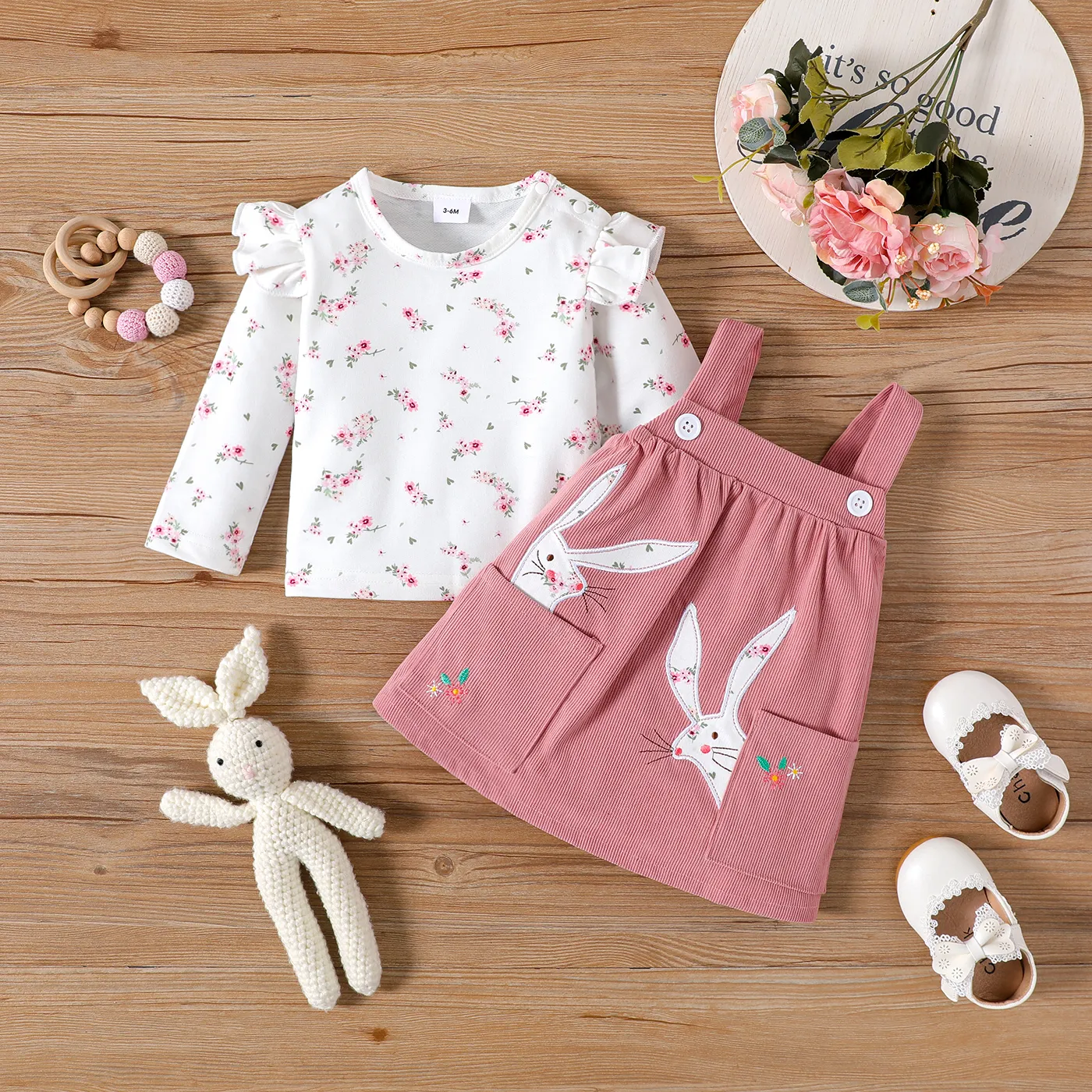 

2pcs Baby Girl Allover Floral Print Ruffle Long-sleeve Top and Rabbit Embroidered Corduroy Overall Dress Set