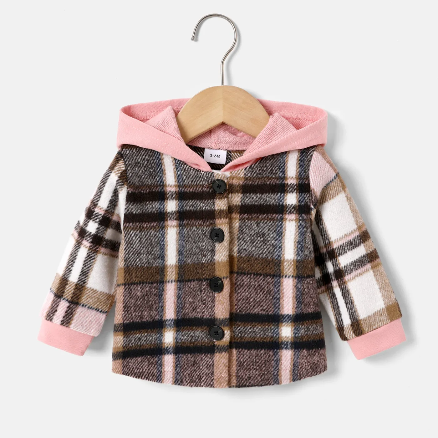 

Baby Girl Contrast Hooded Spliced Plaid Long-sleeve Jacket