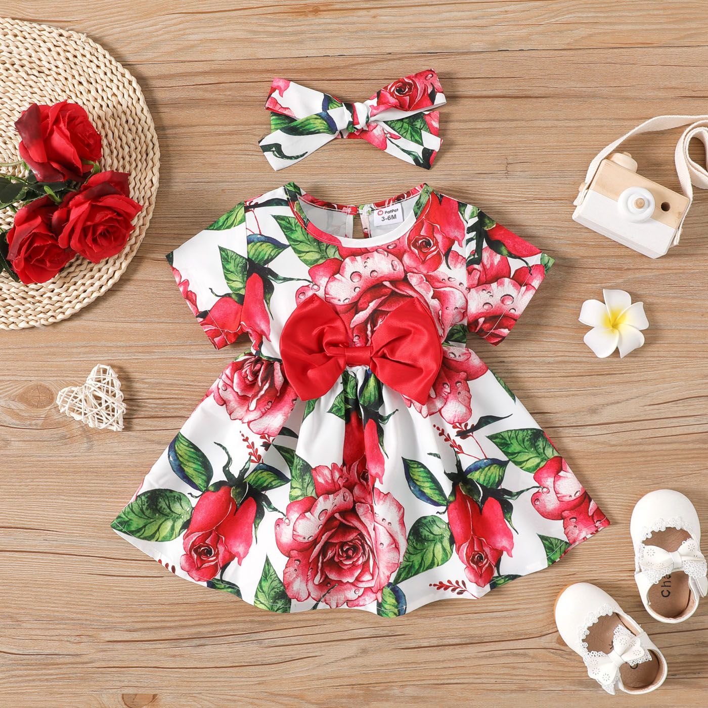 

2pcs Baby Girl Bow Front Allover Floral Print Short-sleeve Dress & Headband Set