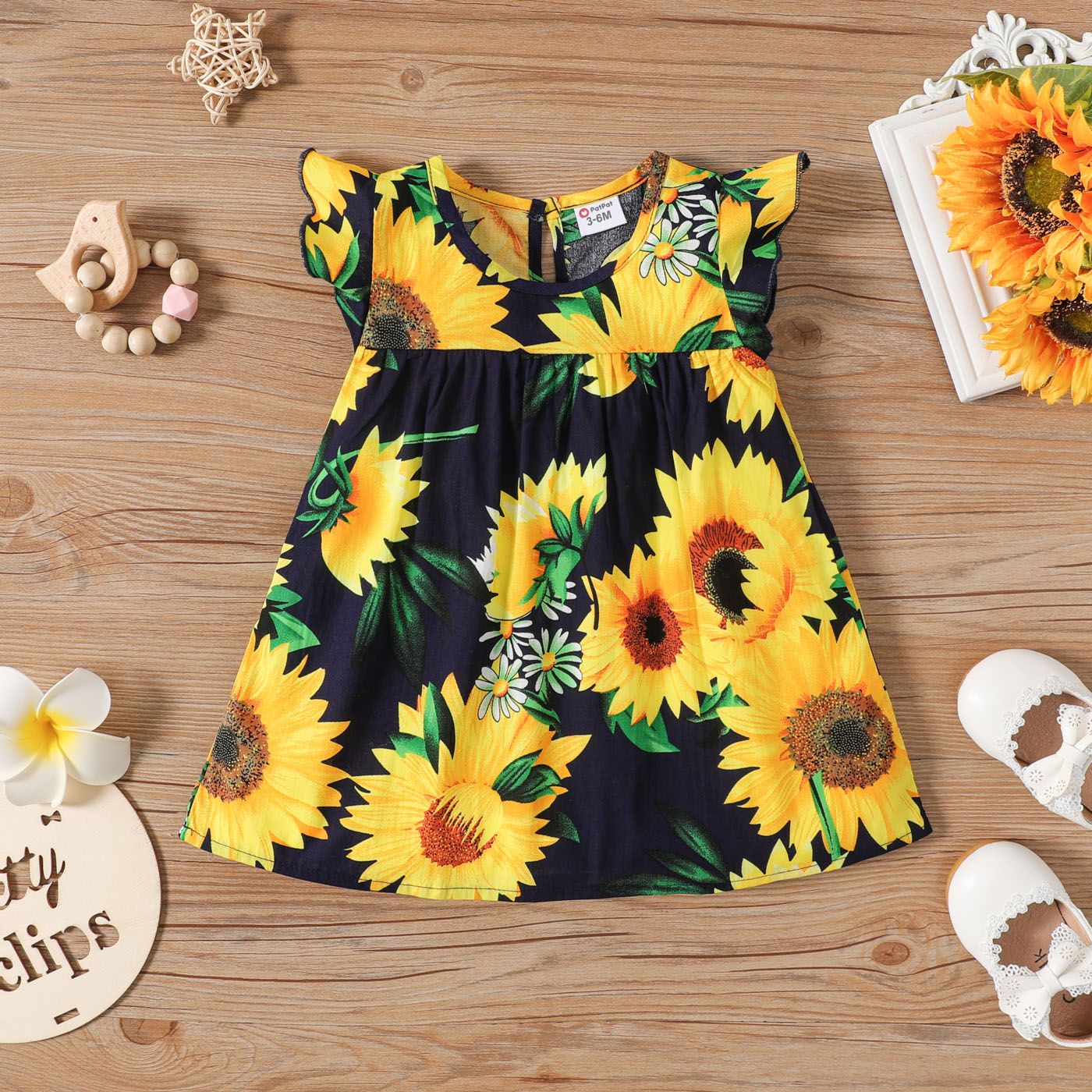 Baby Girl 100% Cotton Cotton Sunflower Print Flutter-sleeve Dress