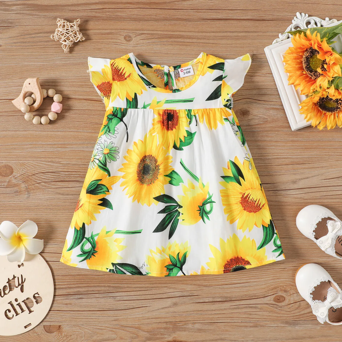Baby Girl Imitation Denim Flutter-sleeve Splice Sunflower Floral Print Dress