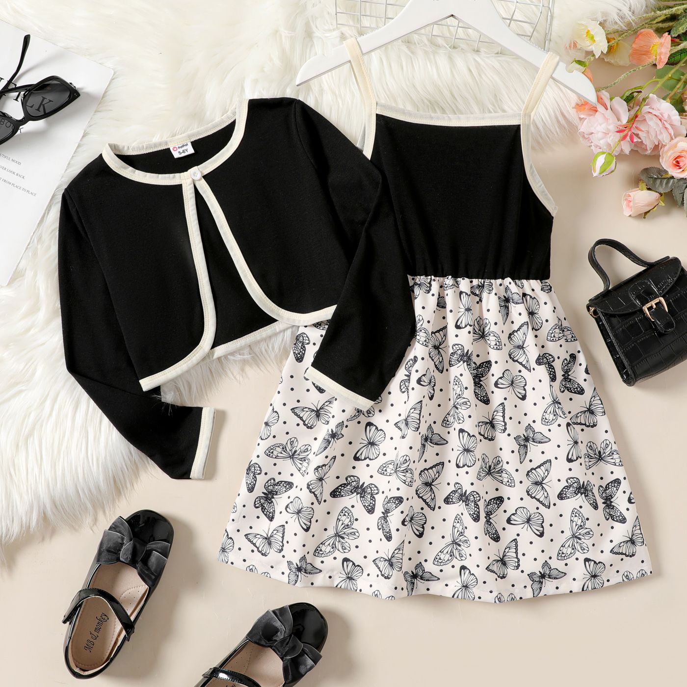 

2pcs Kid Girl Butterfly Print Splice Slip Dress and Cardigan Set