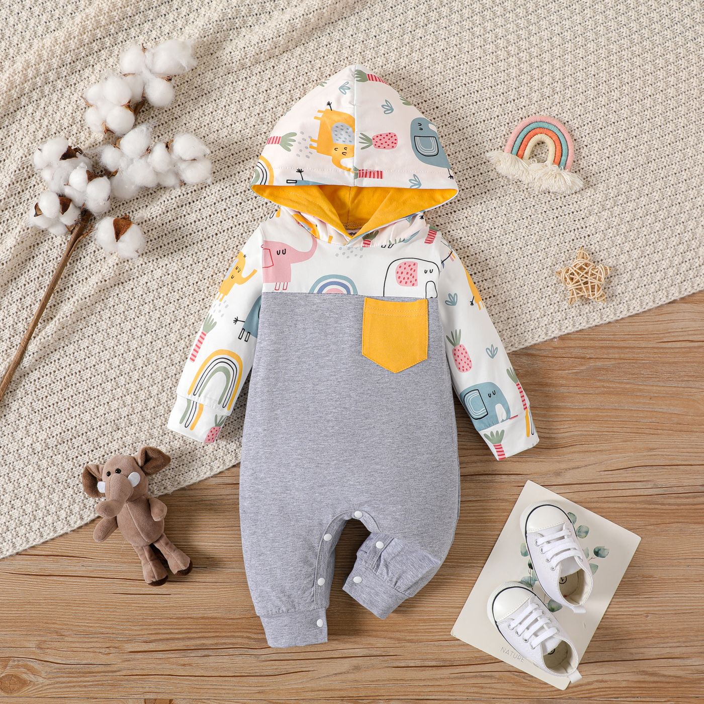 

Baby Boy/Girl 95% Cotton Solid Spliced Allover Elephant & Rainbow Print Hooded Long-sleeve Jumpsuit