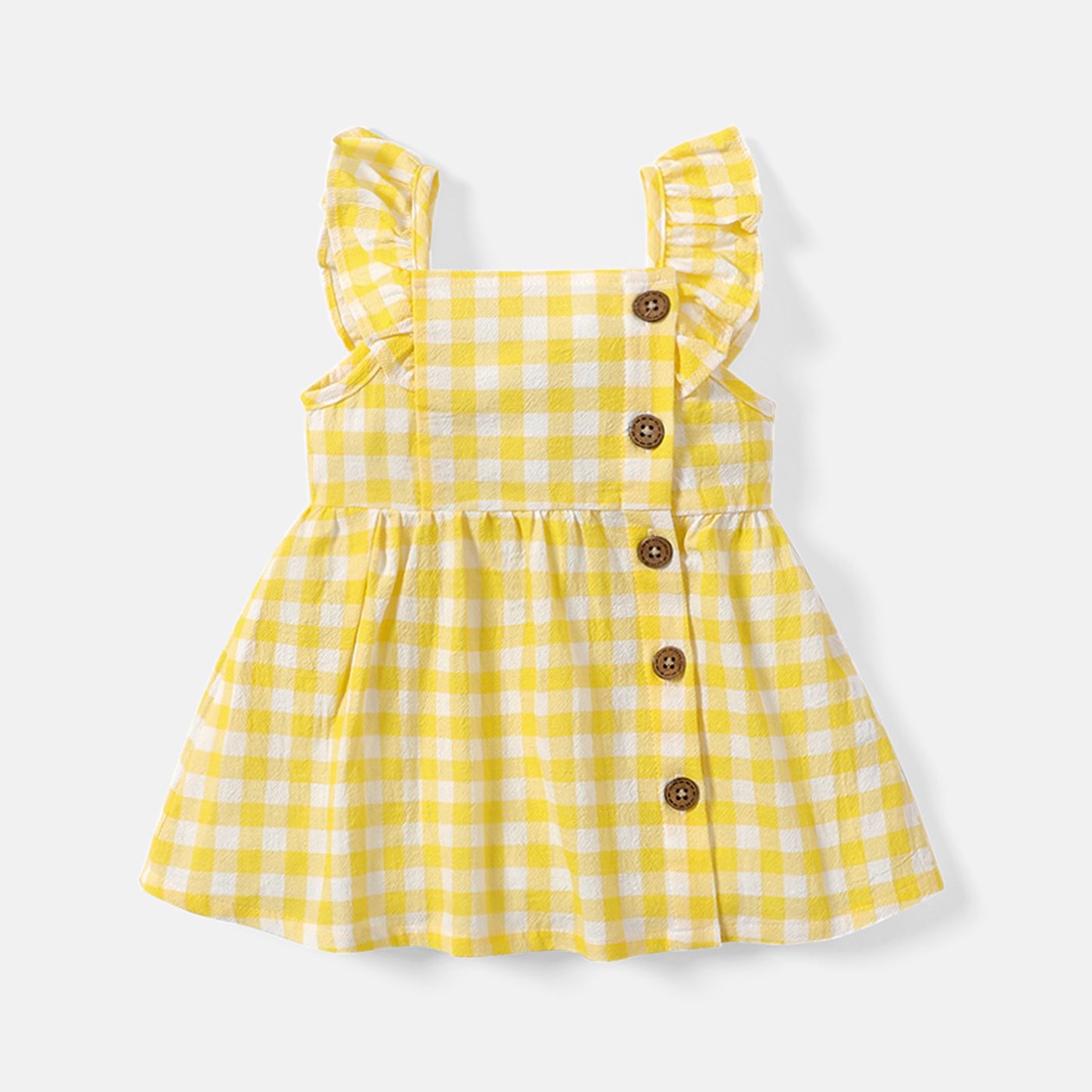 Baby Girl 100% Cotton Gingham or Allover Lemon Print Flutter-sleeve Button Dress