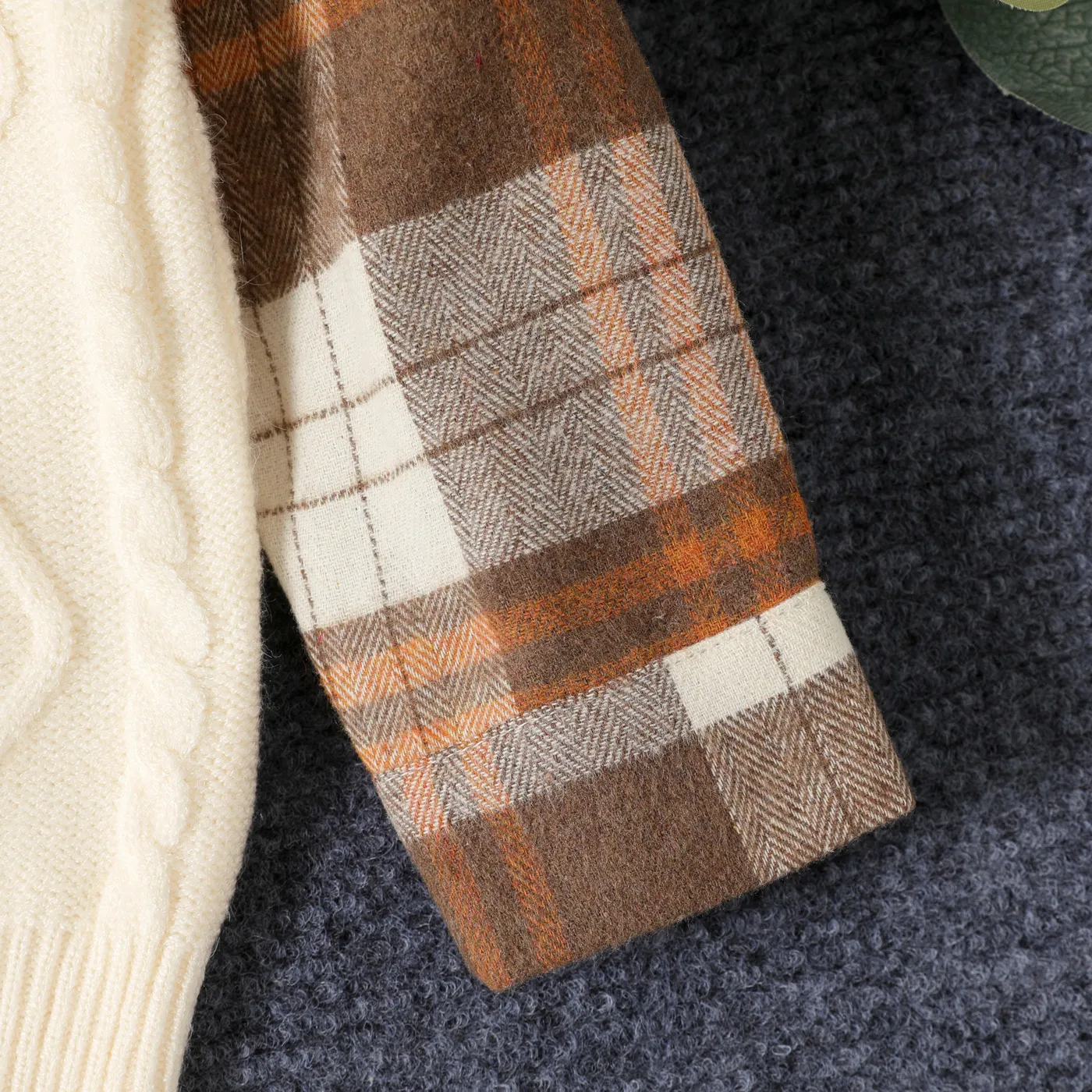 Baby Boy Plaid Long-sleeve Spliced Cable Knit Pullover Sweater Beige image 4