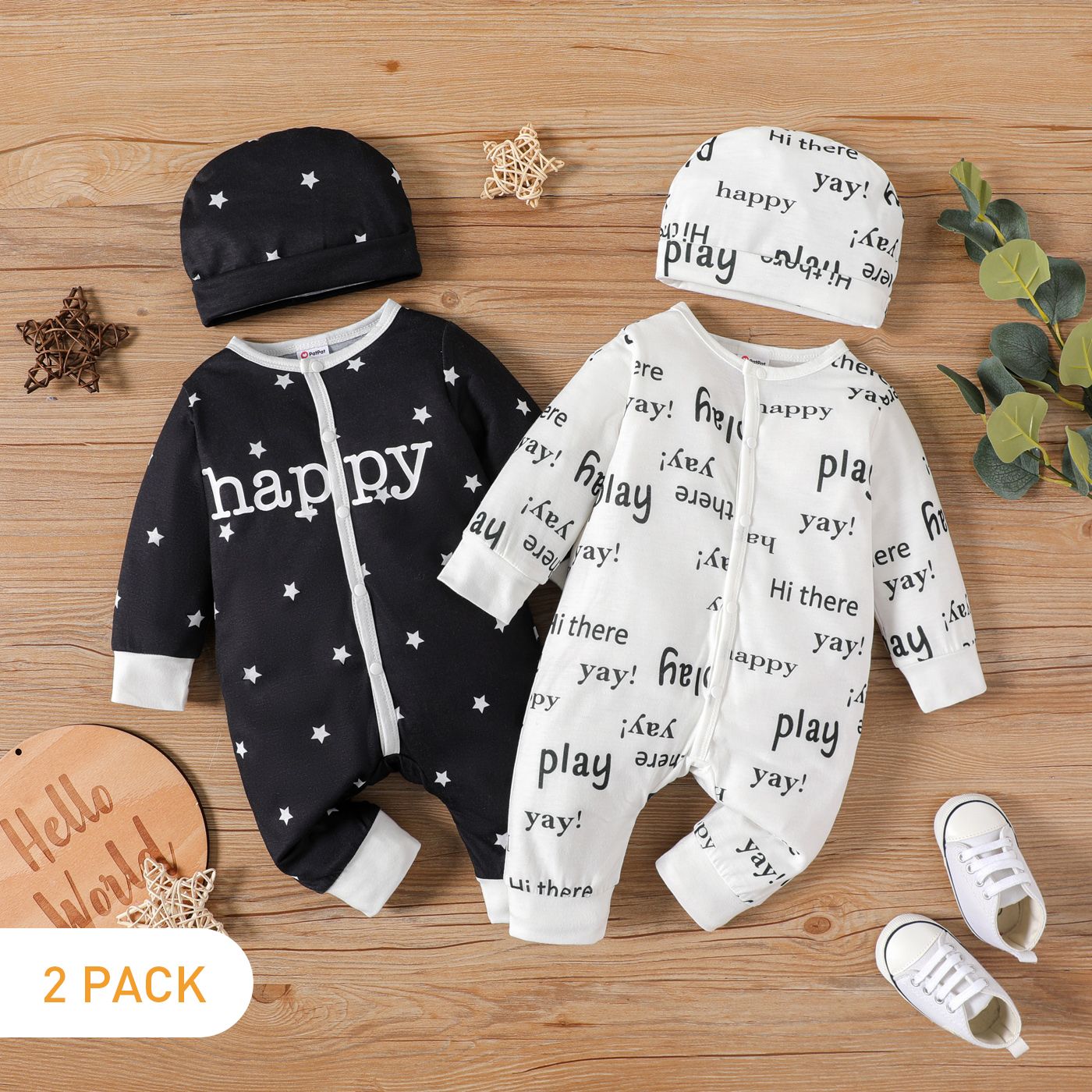 

2-Pack Baby Boy/Girl Long-sleeve Allover Print Jumpsuits & Hats Set