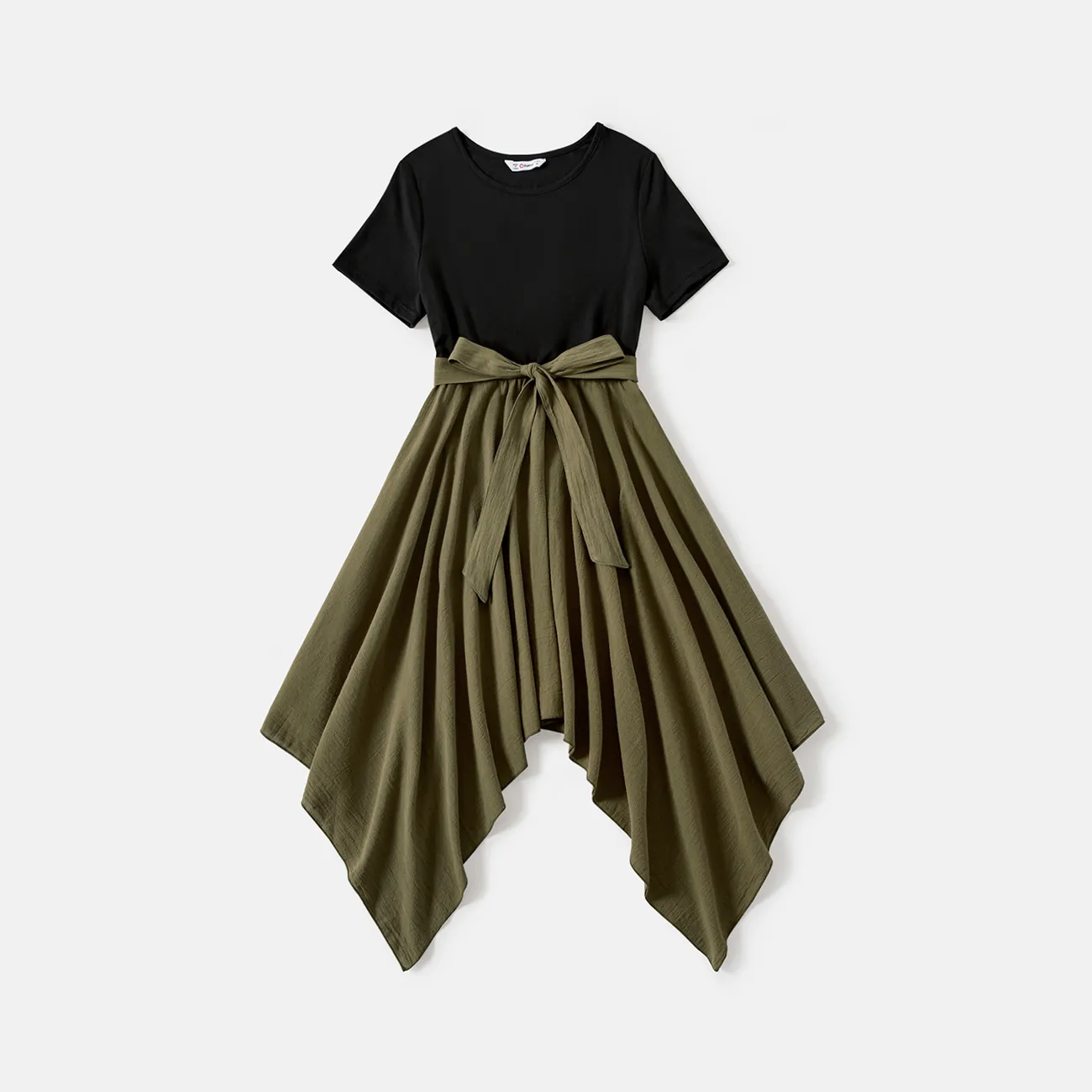 Family Matching Solid Short-sleeve Asymmetric Hem Spliced Cotton Dresses and Colorblock T-shirts Sets Green big image 1