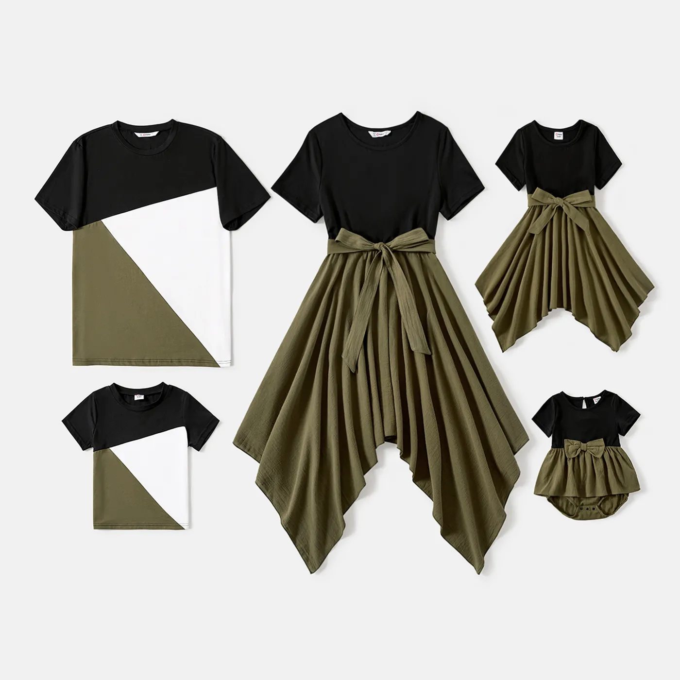 Family Matching Solid Short-sleeve Asymmetric Hem Spliced Cotton Dresses And Colorblock T-shirts Sets