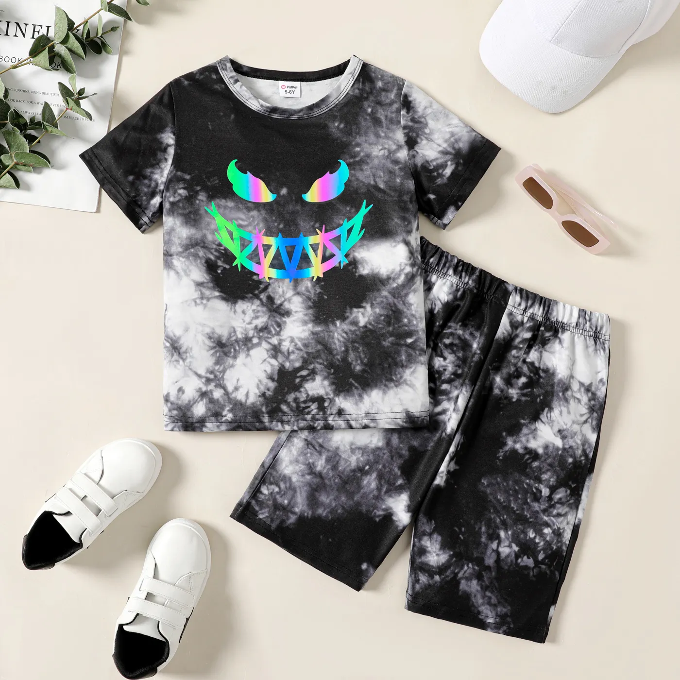 2pcs Kid Boy Tie Dyed Reflective Laser Short-sleeve Tee and Elasticized Shorts Set Black