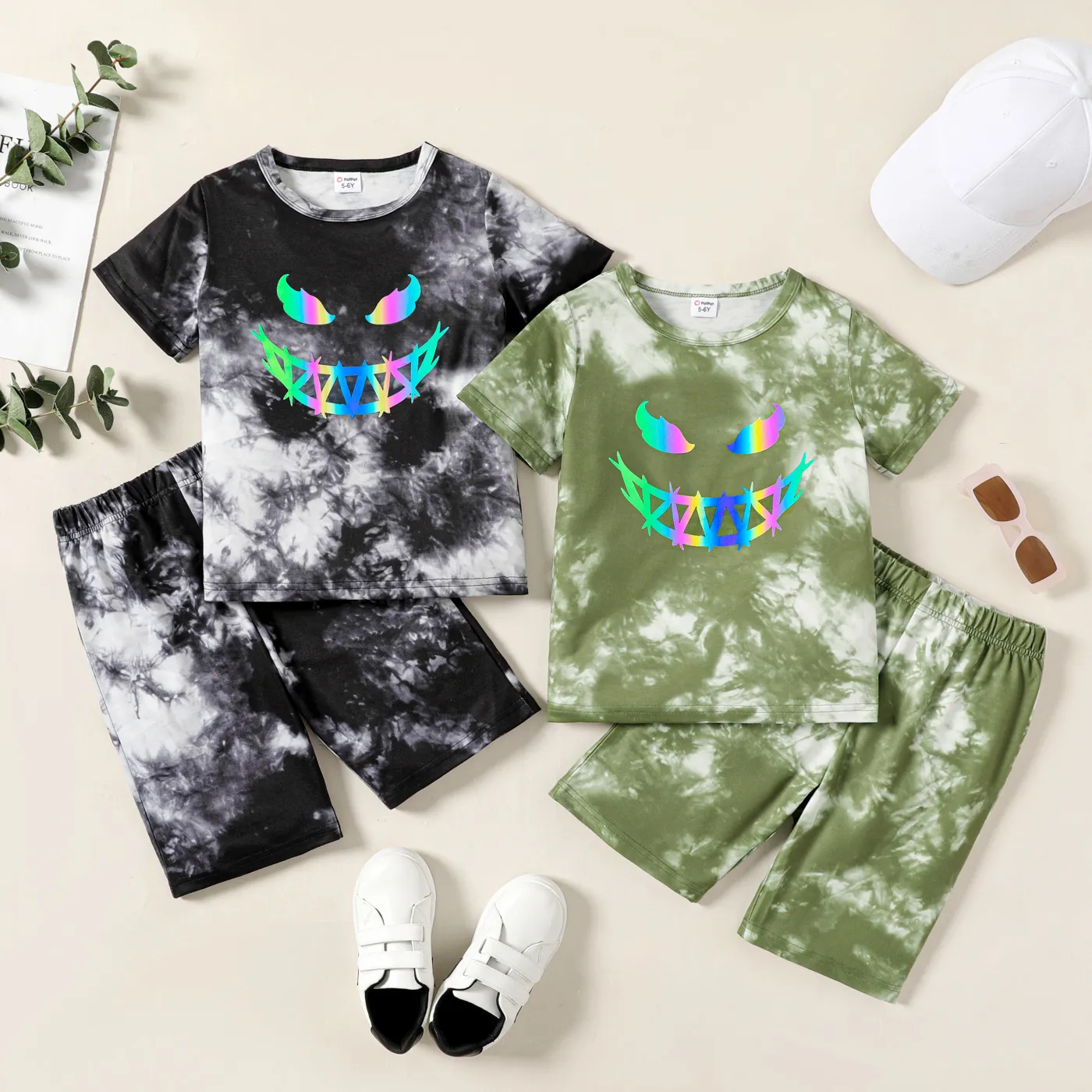 2pcs Kid Boy Tie Dyed Reflective Laser Short-sleeve Tee and Elasticized Shorts Set Green image 3