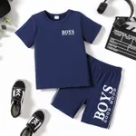 2pcs Kid Boy Letter Print Short-sleeve Tee and Elasticized Shorts Set Blue