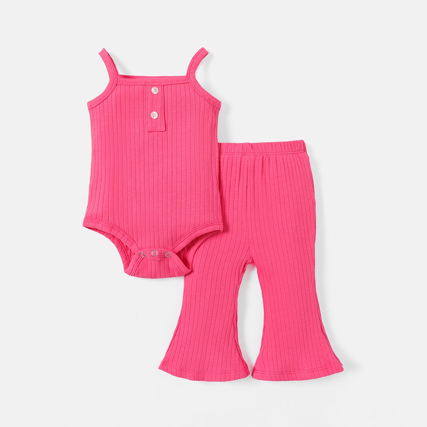 2pcs Baby Girl Solid Cotton Ribbed Cami Romper And Flared Pants Set