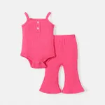 2pcs Baby Girl Solid Cotton Ribbed Cami Romper and Flared Pants Set PINK-1