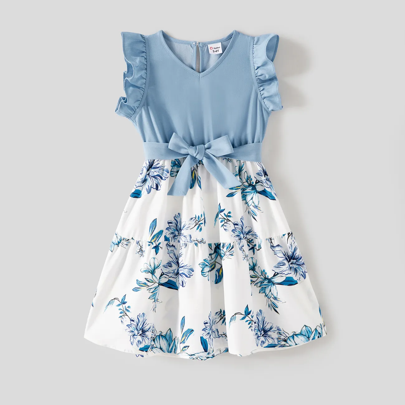 Mommy and Me Floral Print Spliced Solid V Neck Ruffle Trim Sleeveless Dresses Light Blue big image 1