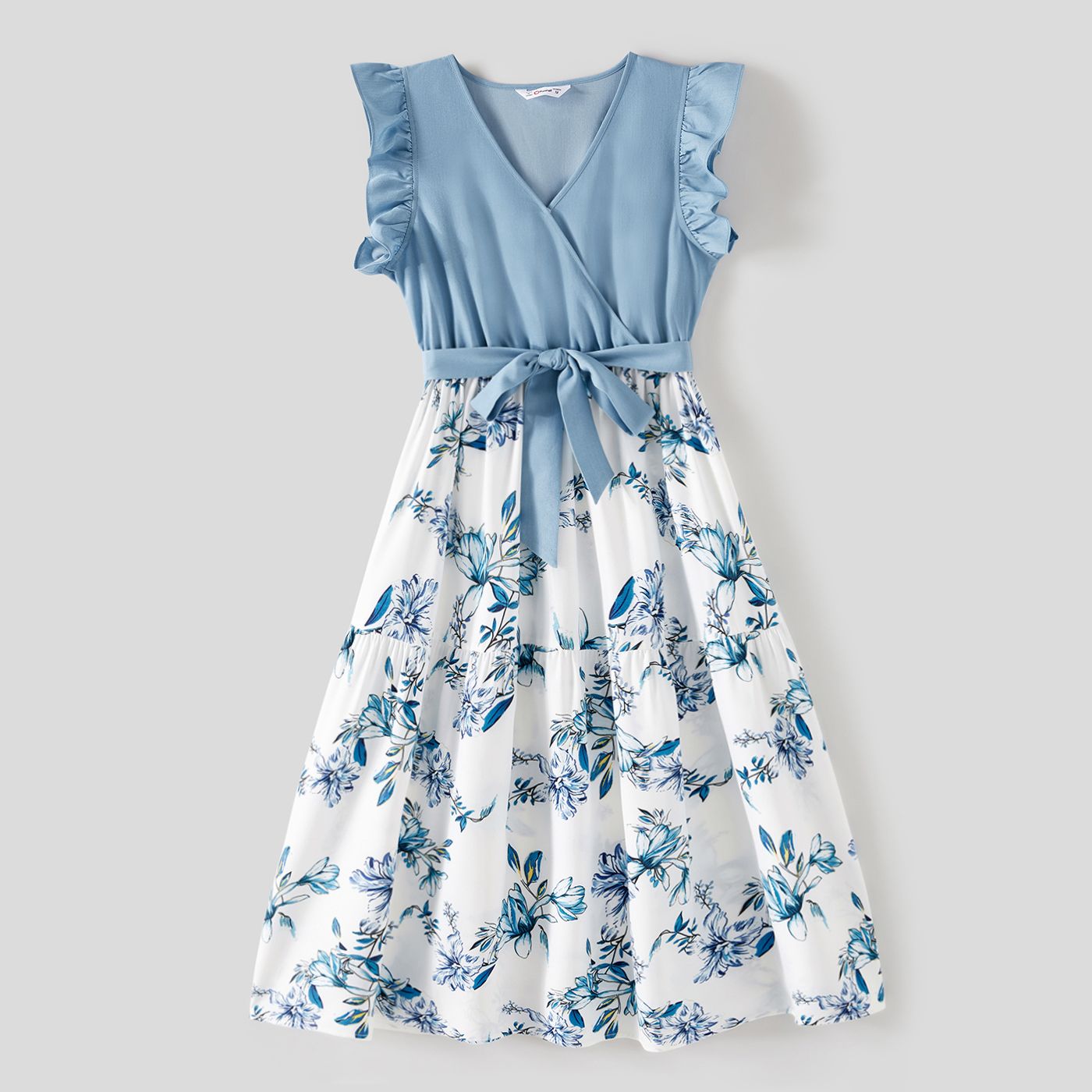 Mommy And Me Floral Print Spliced Solid V Neck Ruffle Trim Sleeveless Dresses