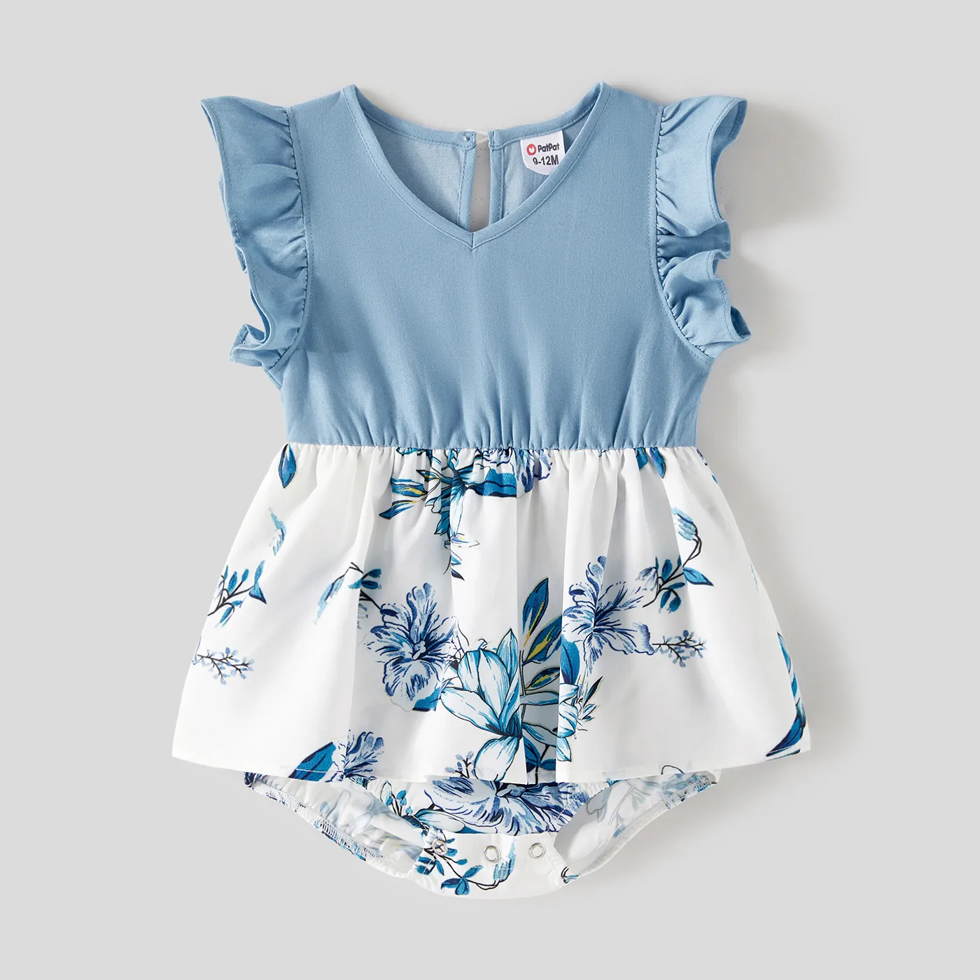 Mommy and Me Floral Print Spliced Solid V Neck Ruffle Trim Sleeveless Dresses  image 1
